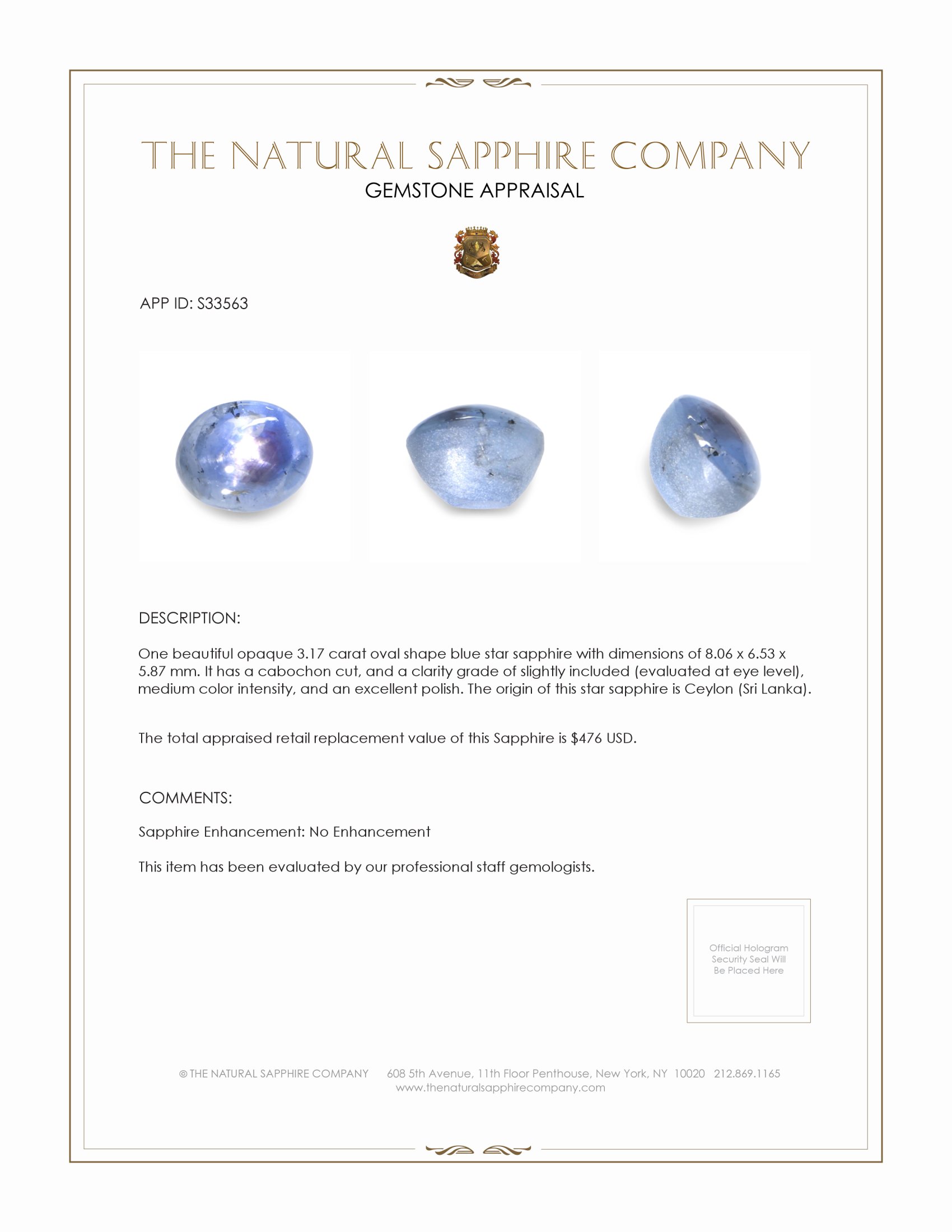 3.17 Ct. Blue Star Sapphire from Ceylon (Sri Lanka)