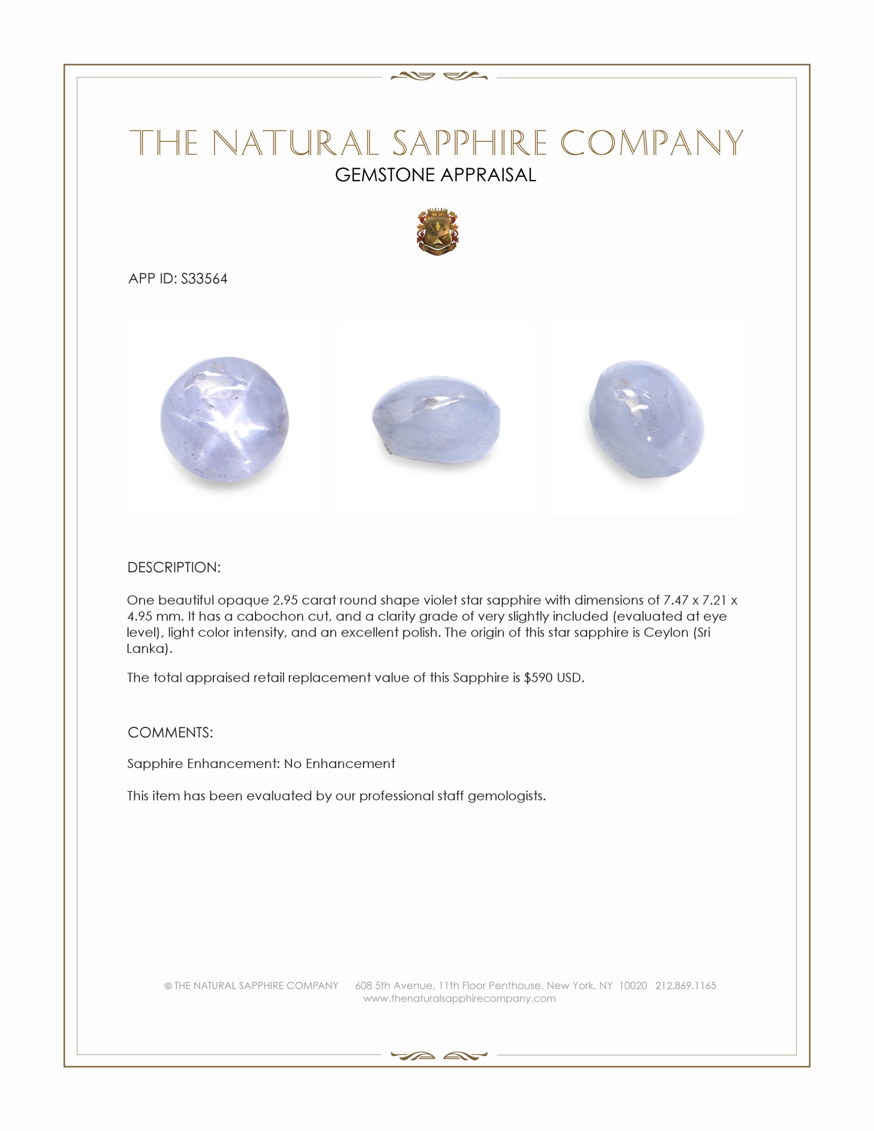 2.95 Ct. Violet Star Sapphire from Ceylon (Sri Lanka)