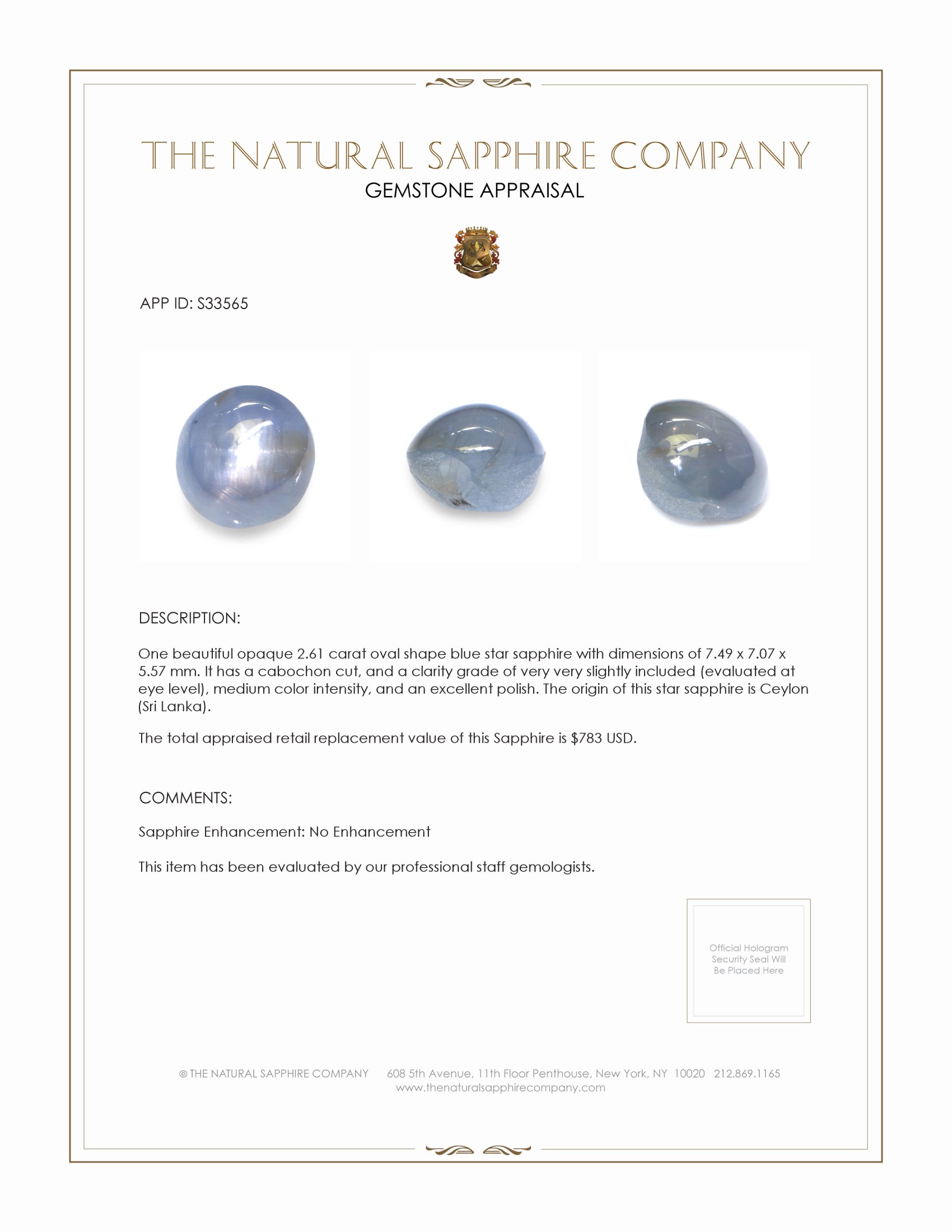 2.61 Ct. Blue Star Sapphire from Ceylon (Sri Lanka)