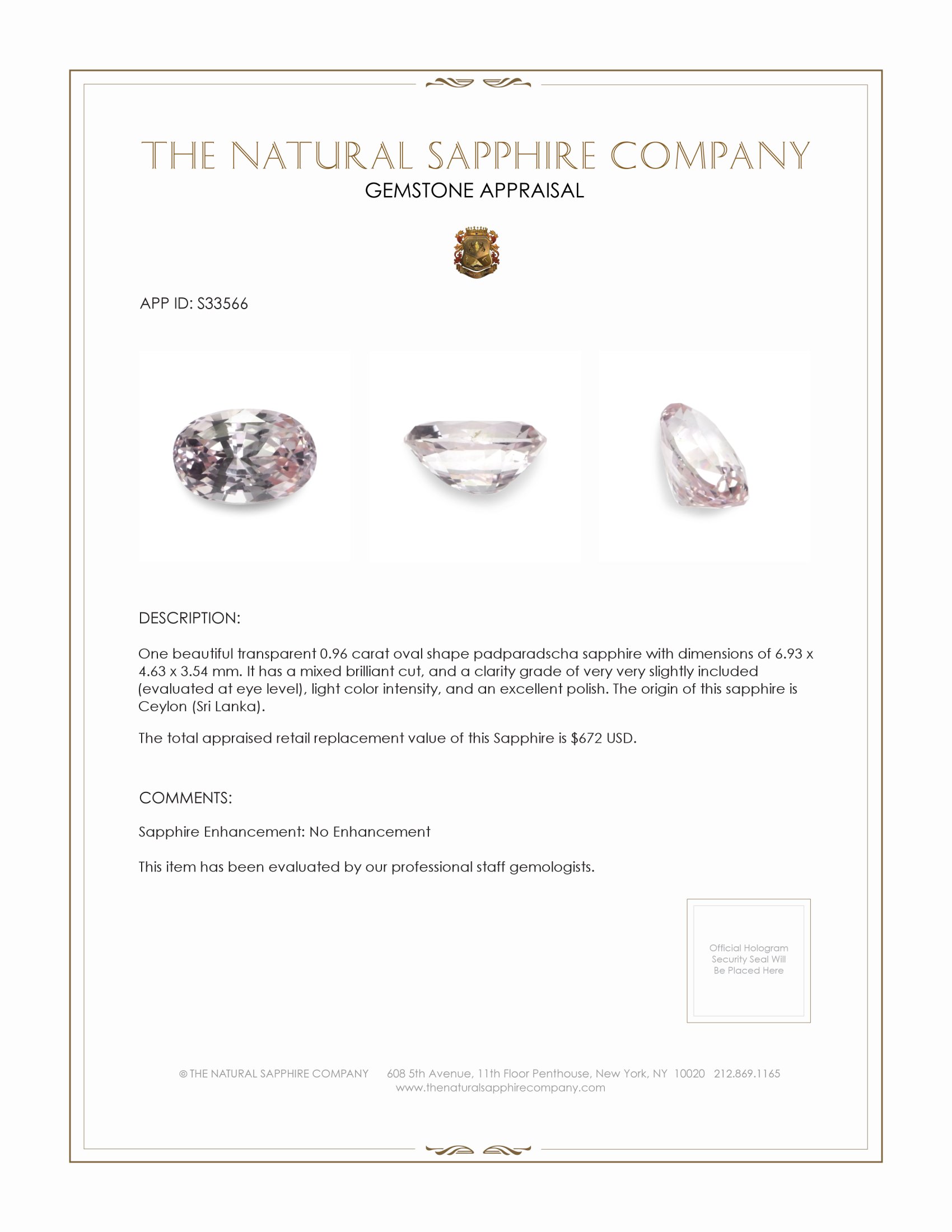 0.96 Ct. Padparadscha Sapphire from Ceylon (Sri Lanka)