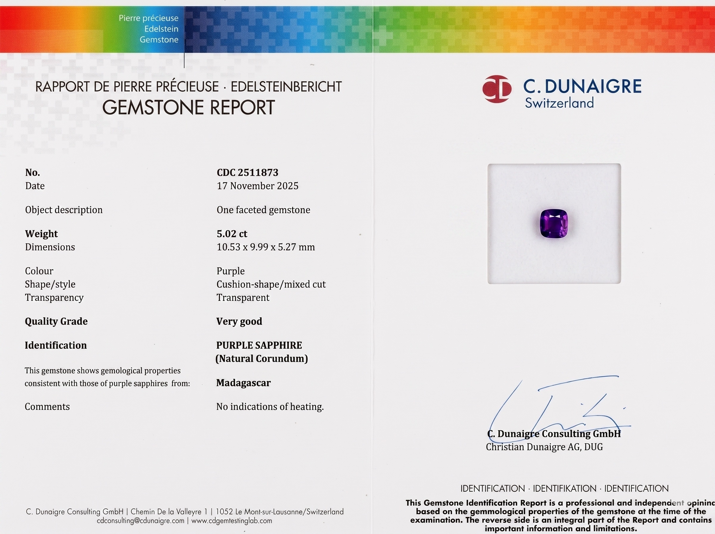 5.02 Ct. Purple Sapphire from Madagascar