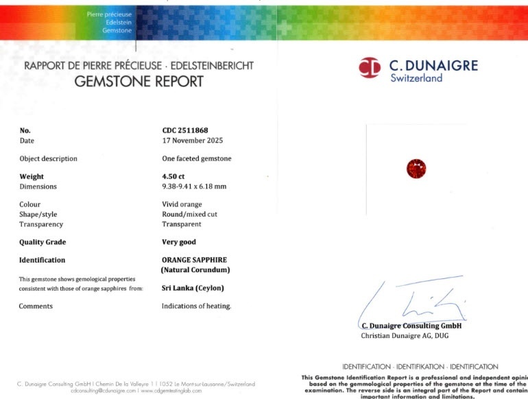 4.50 Ct. Orange Sapphire from Ceylon (Sri Lanka)