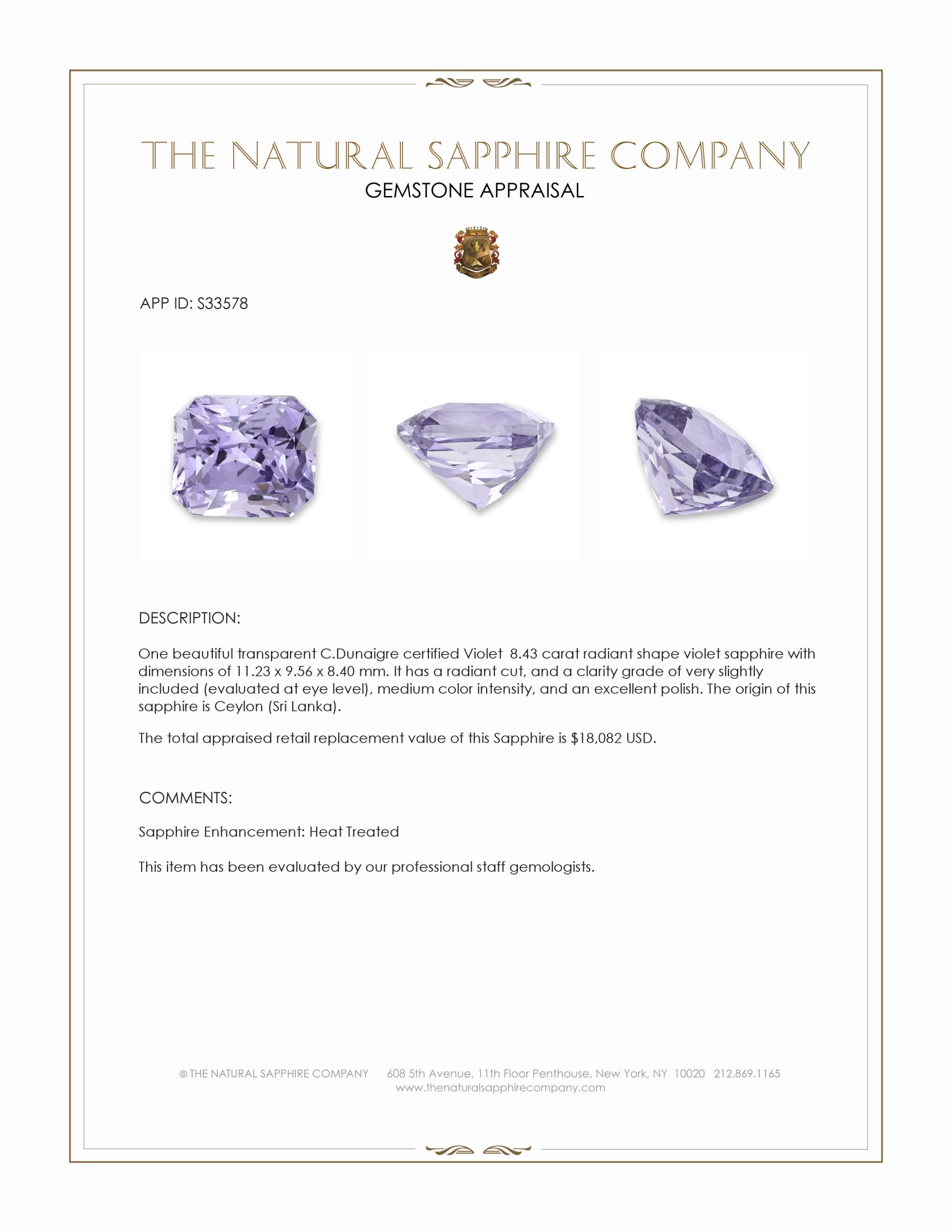 8.43 Ct. Violet Sapphire from Ceylon (Sri Lanka)