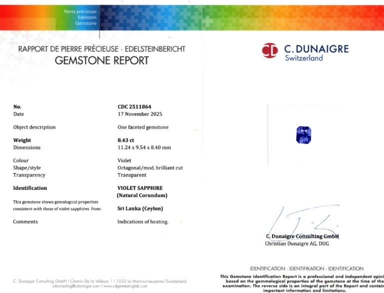 8.43 Ct. Violet Sapphire from Ceylon (Sri Lanka)