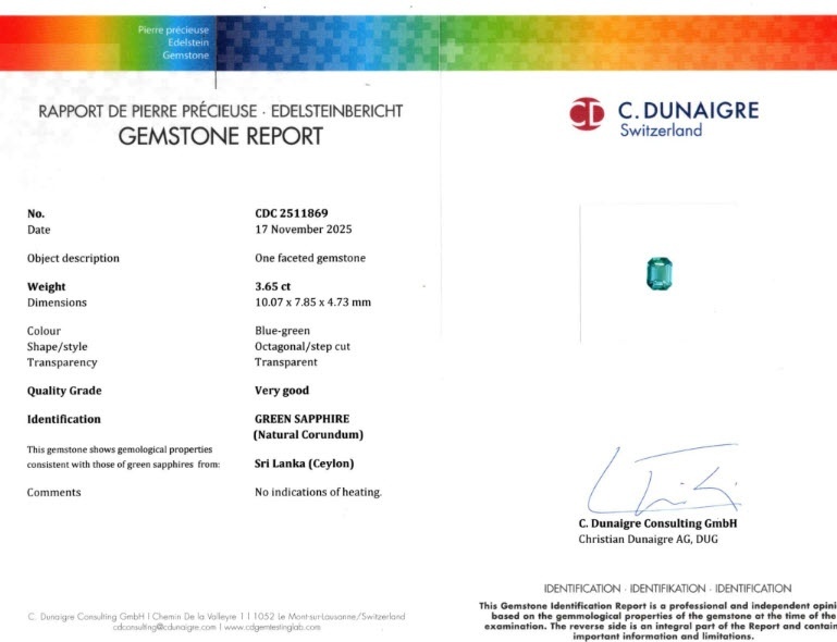 3.65 Ct. Bluish Green Sapphire from Ceylon (Sri Lanka)