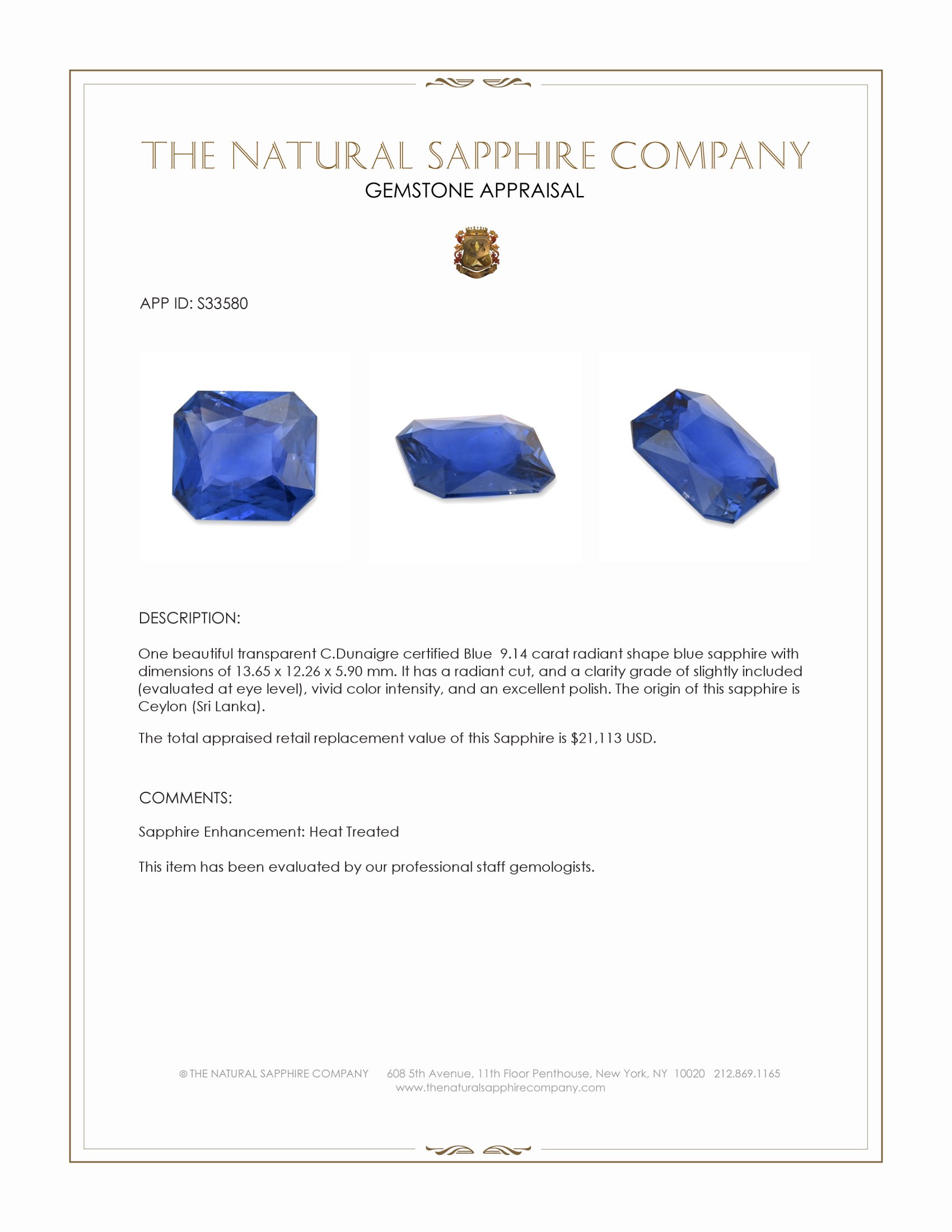 9.14 Ct. Blue Sapphire from Ceylon (Sri Lanka)