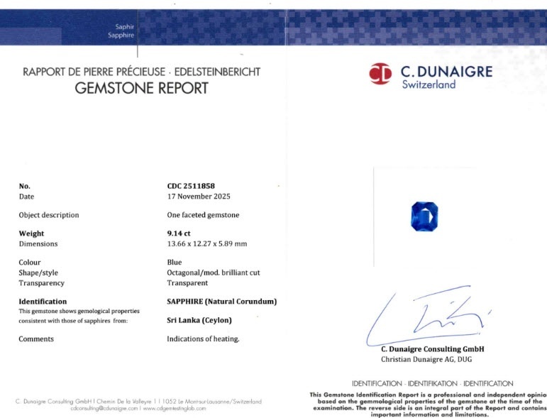 9.14 Ct. Blue Sapphire from Ceylon (Sri Lanka)