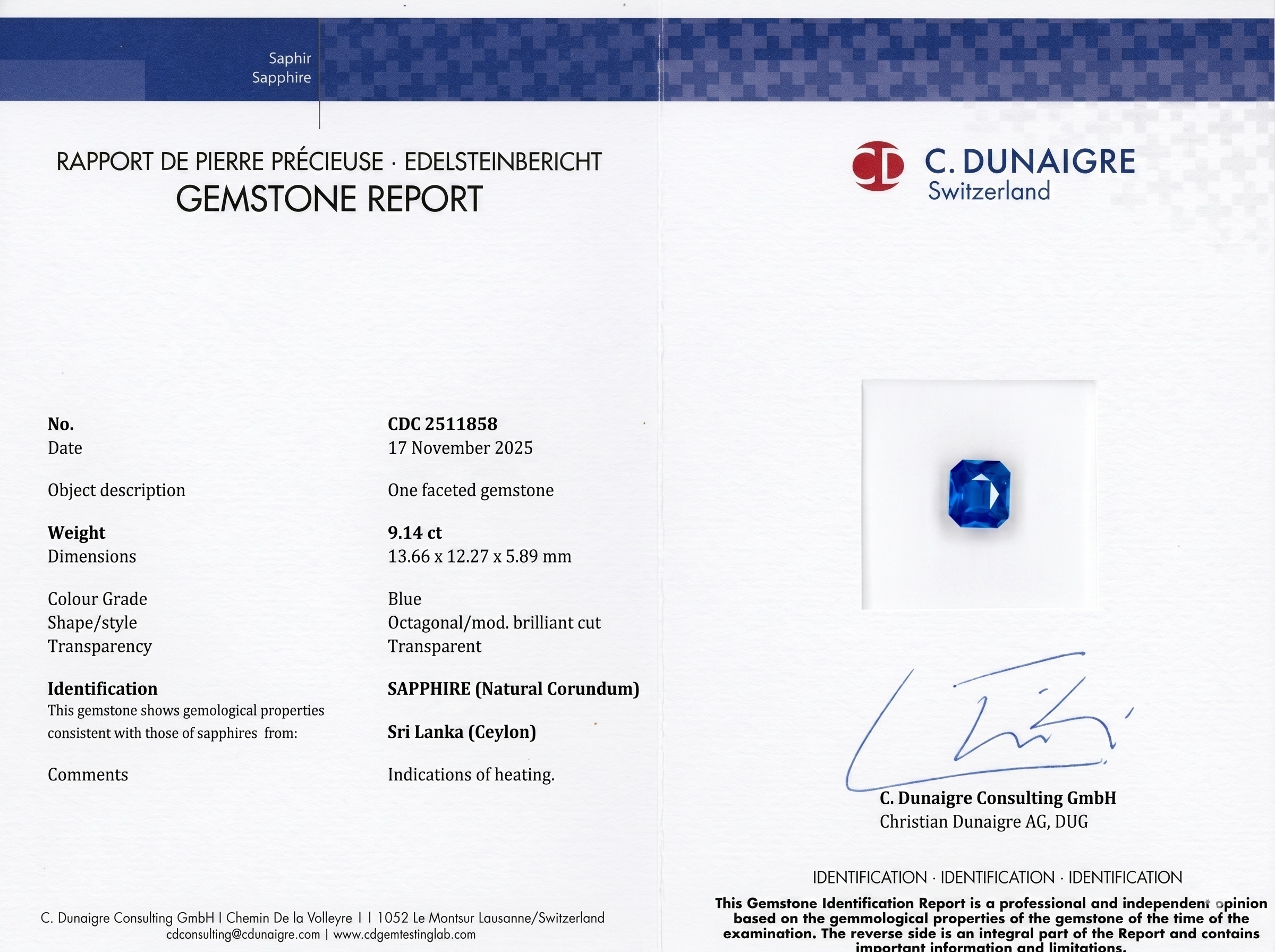 9.14 Ct. Blue Sapphire from Ceylon (Sri Lanka)