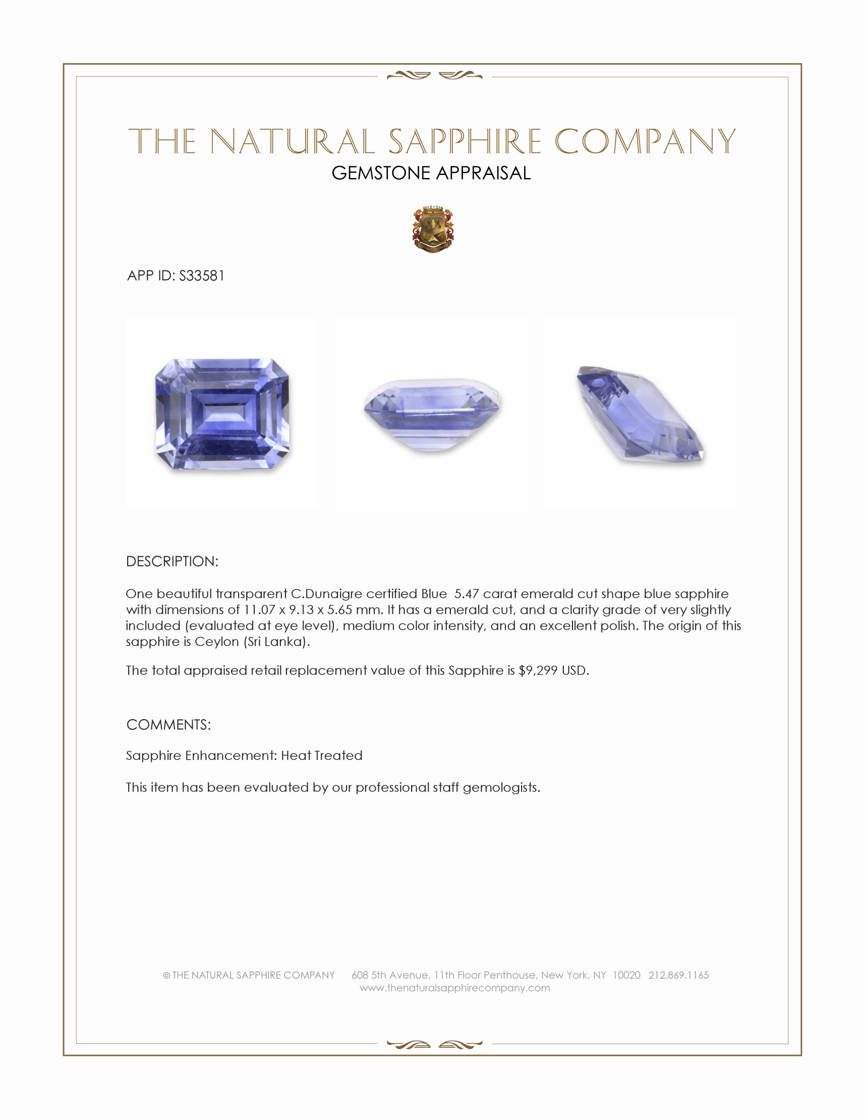 5.47 Ct. Blue Sapphire from Ceylon (Sri Lanka)
