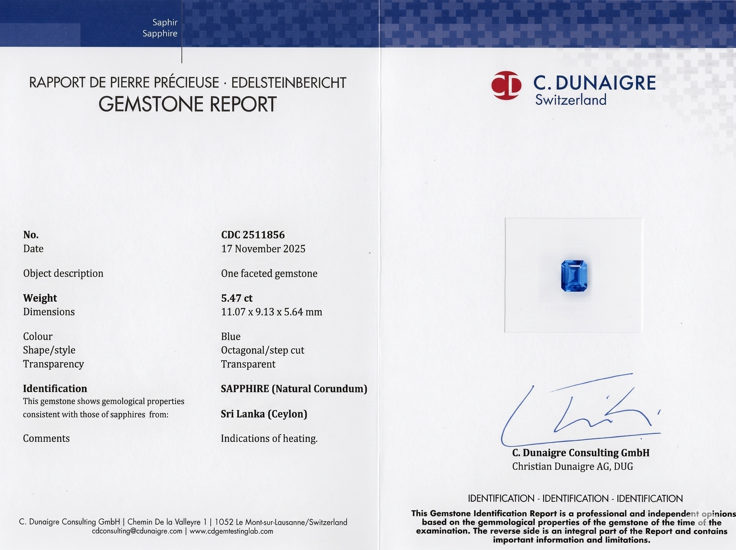 5.47 Ct. Blue Sapphire from Ceylon (Sri Lanka)