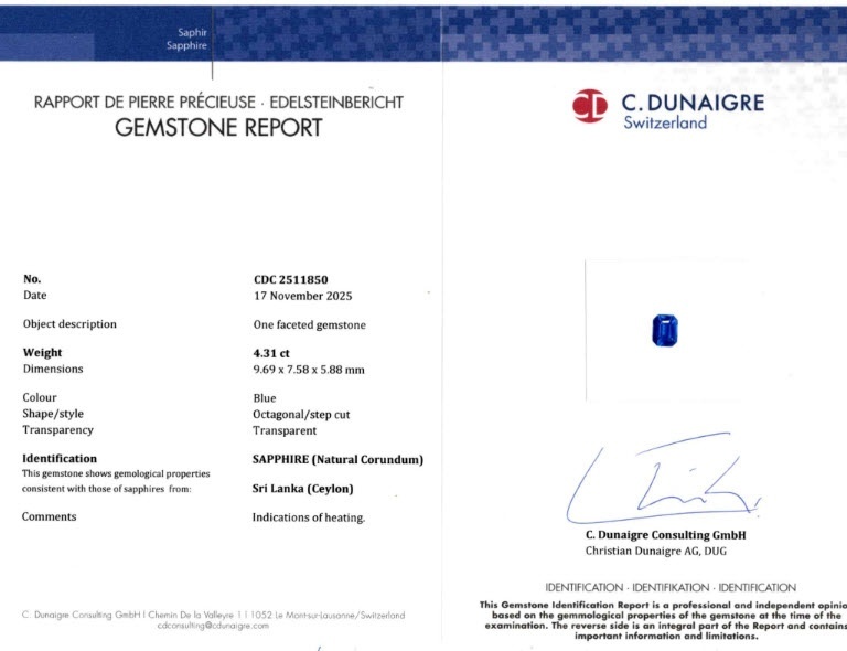 4.31 Ct. Blue Sapphire from Ceylon (Sri Lanka)