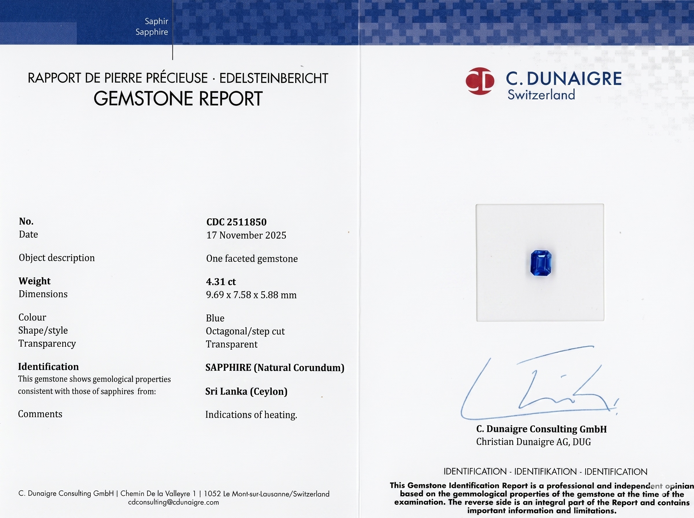 4.31 Ct. Blue Sapphire from Ceylon (Sri Lanka)
