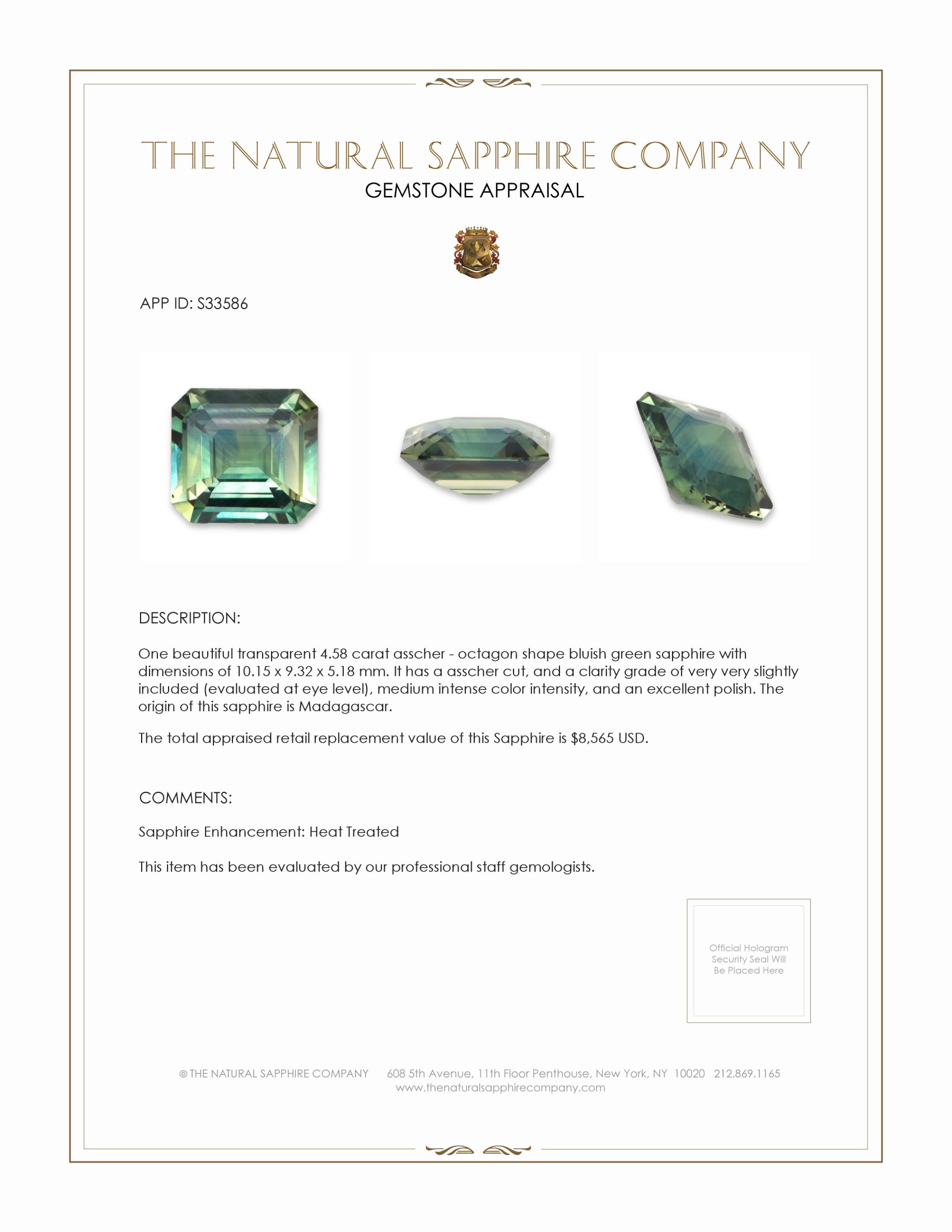 4.58 Ct. Bluish Green Sapphire from Madagascar
