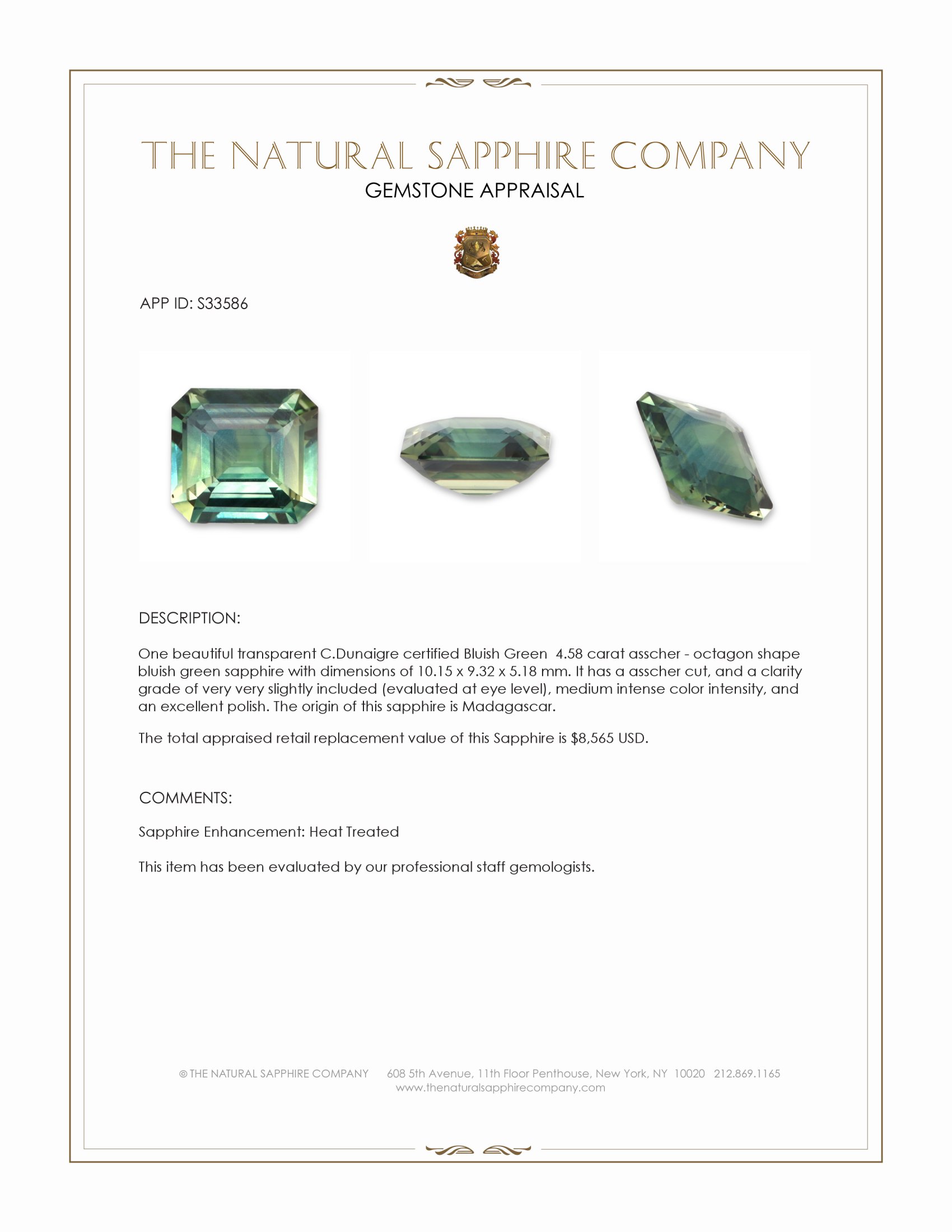 4.58 Ct. Bluish Green Sapphire from Madagascar