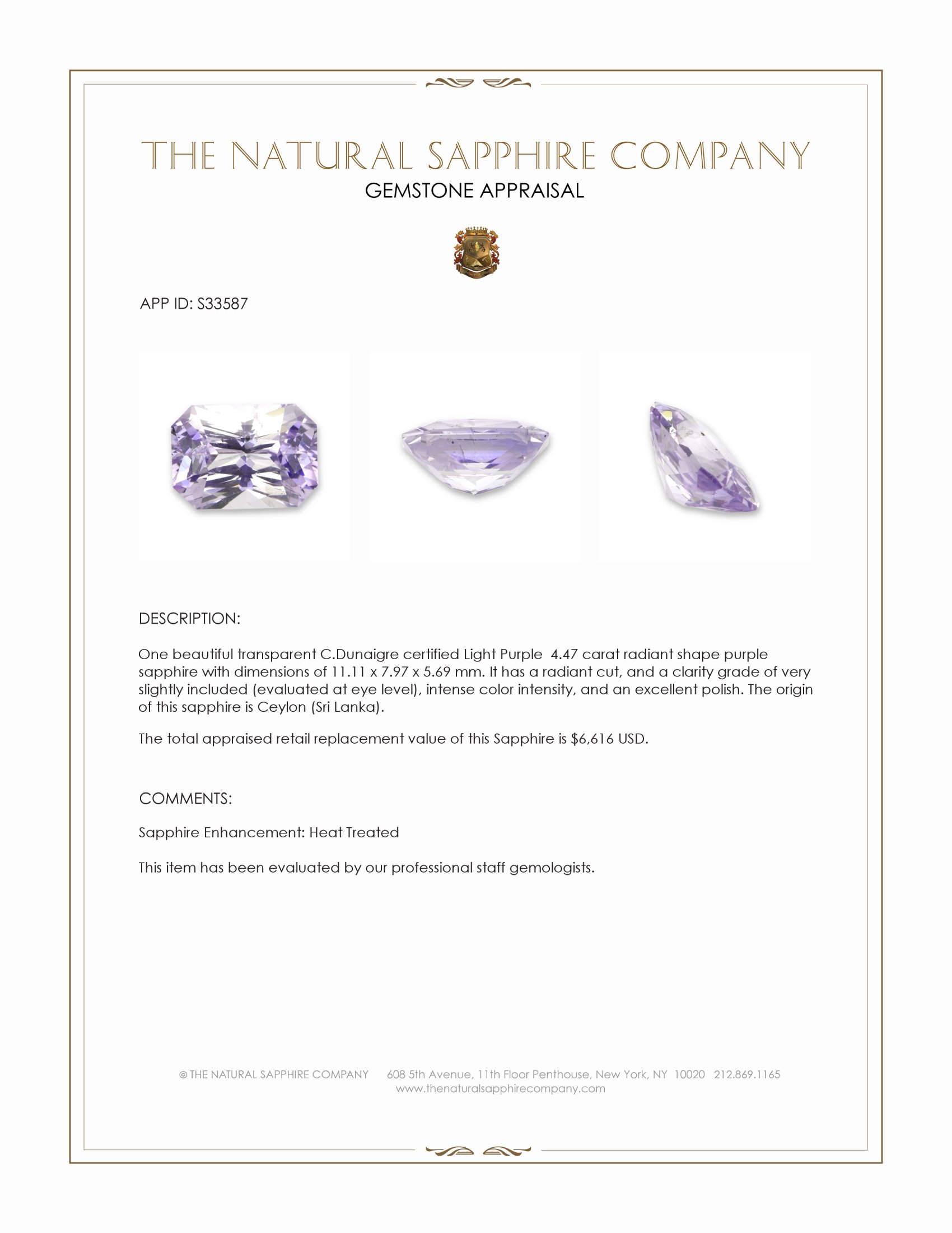 4.47 Ct. Purple Sapphire from Ceylon (Sri Lanka)