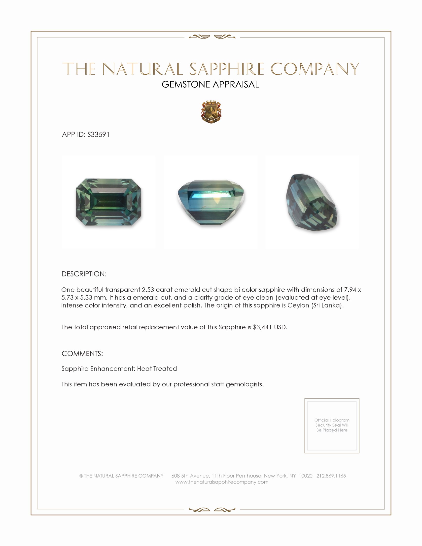 2.53 Ct. Bluish Green Sapphire from Ceylon (Sri Lanka)
