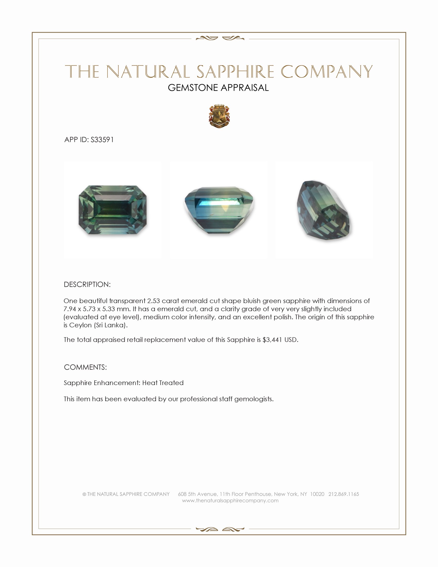 2.53 Ct. Bluish Green Sapphire from Ceylon (Sri Lanka)