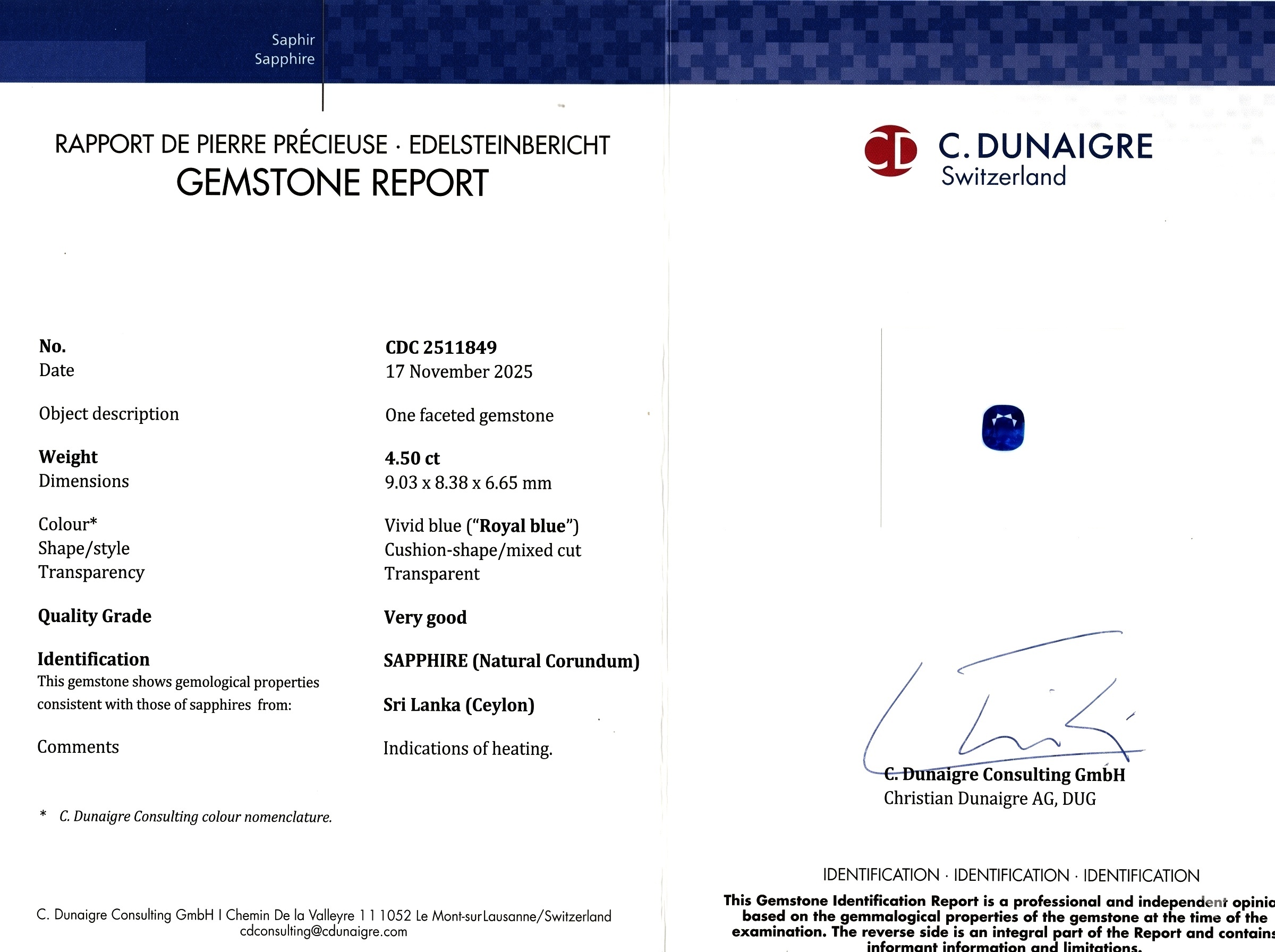 4.50 Ct. Blue Sapphire from Ceylon (Sri Lanka)