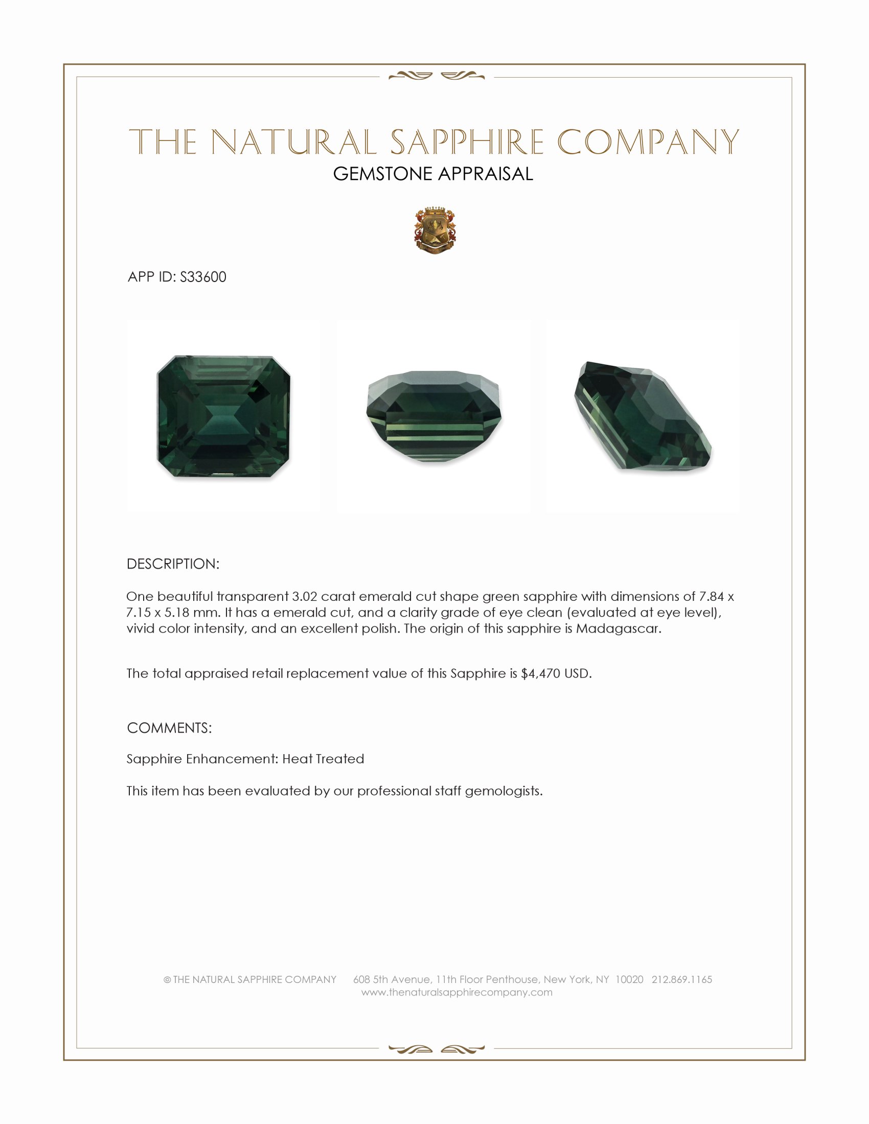3.02 Ct. Green Sapphire from Madagascar