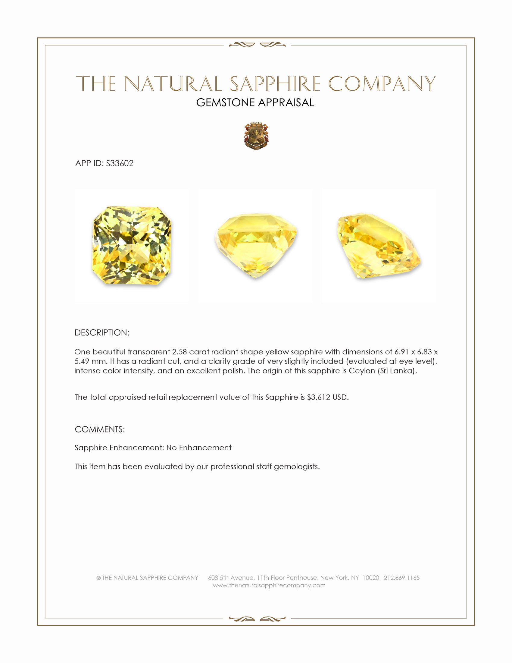 2.58 Ct. Yellow Sapphire from Ceylon (Sri Lanka)