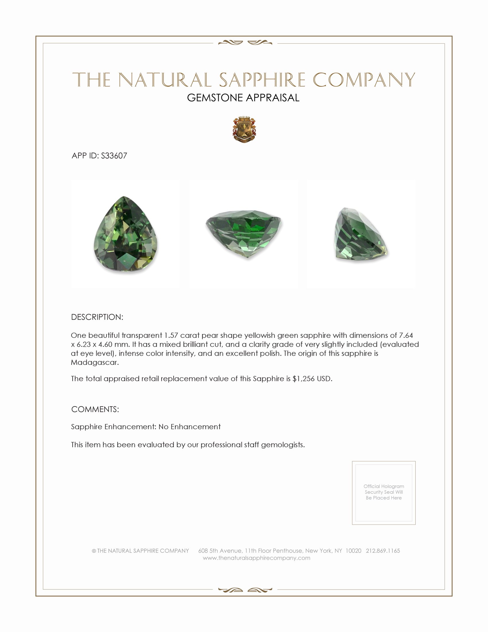 1.57 Ct. Yellowish Green Sapphire from Madagascar