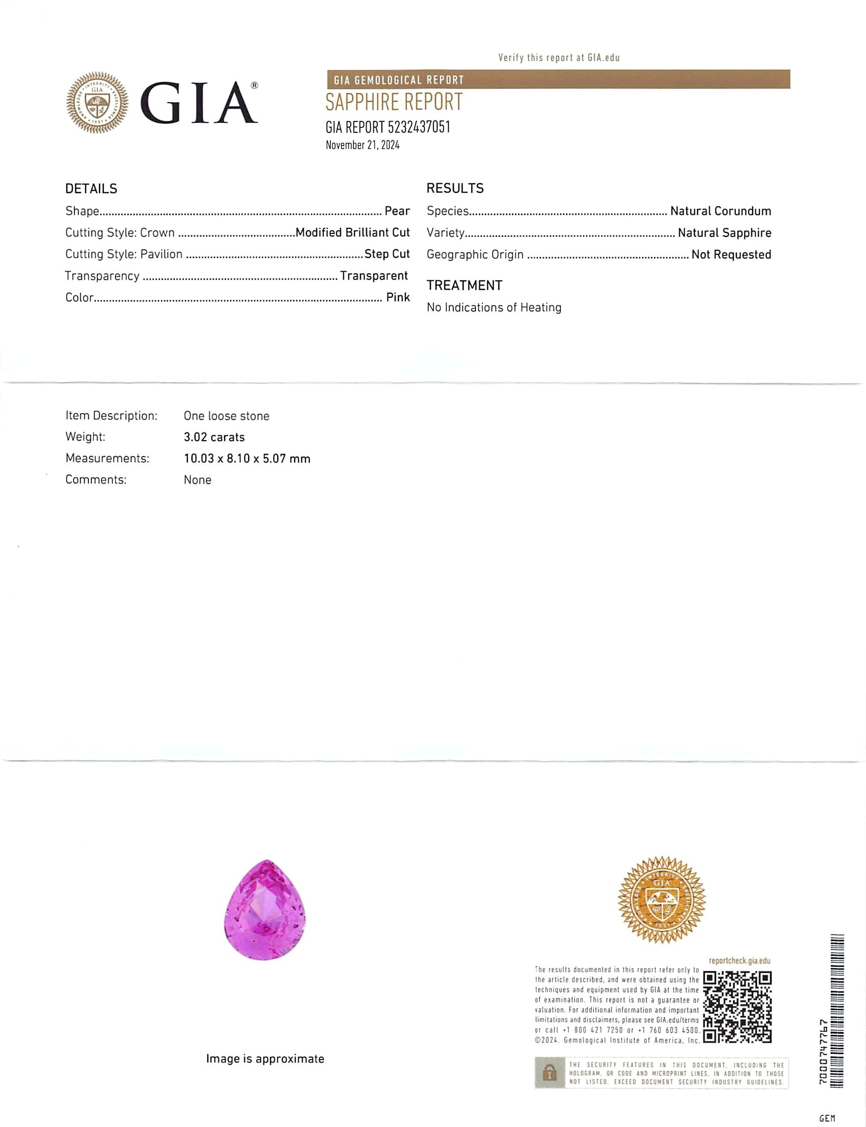 3.02 Ct. Reddish Pink Sapphire from Ceylon (Sri Lanka)