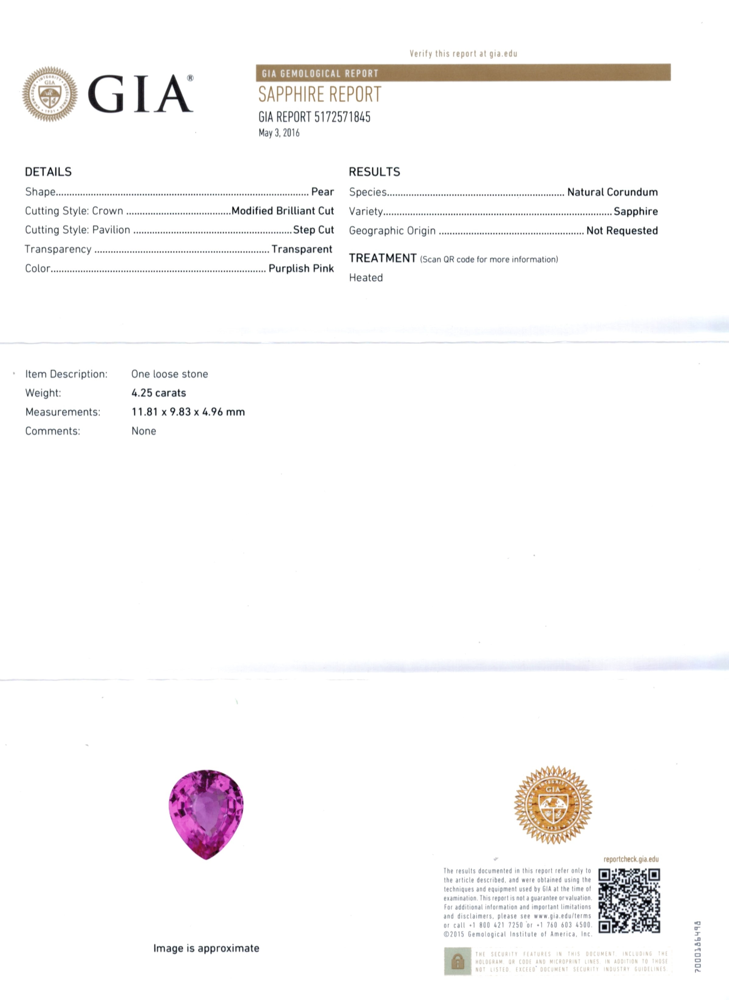 4.25 Ct. Purplish Pink Sapphire from Ceylon (Sri Lanka)