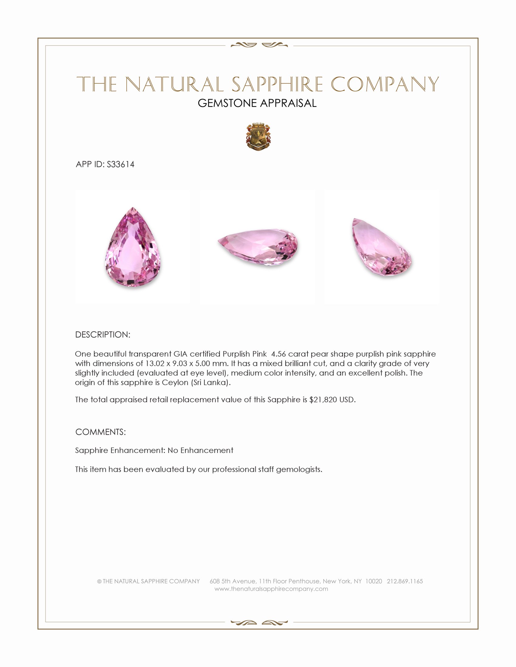 4.56 Ct. Purplish Pink Sapphire from Ceylon (Sri Lanka)