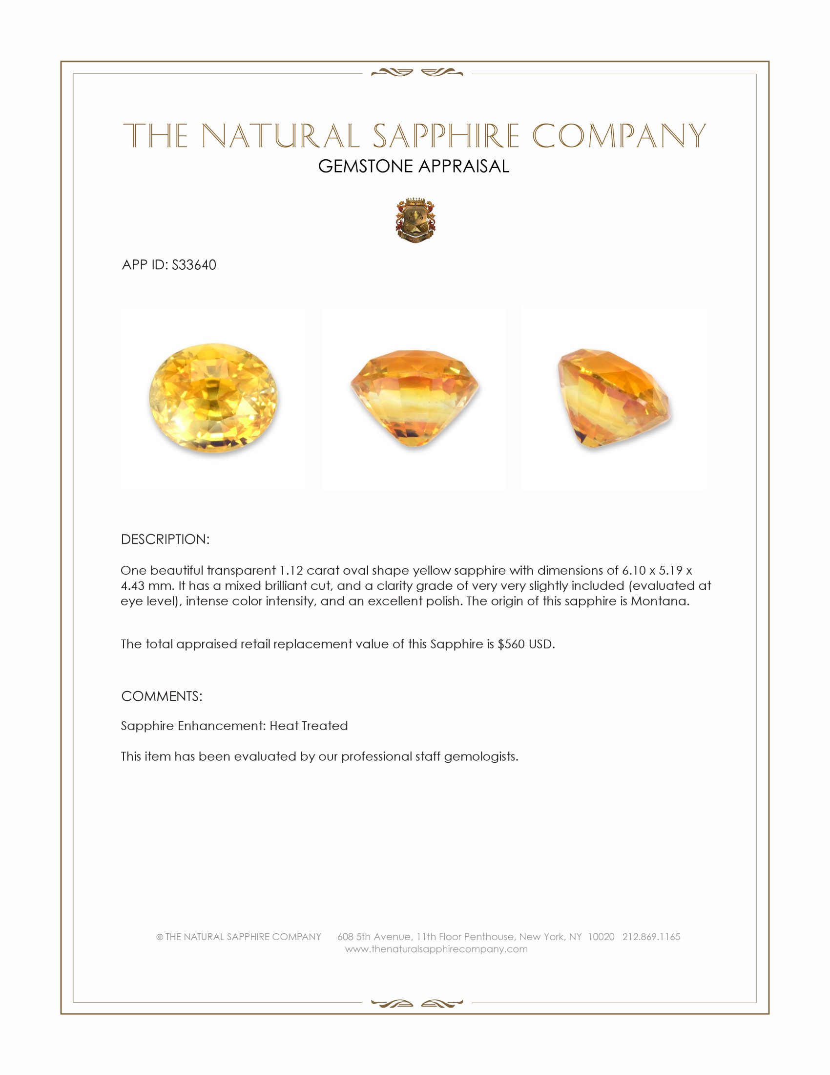 1.12 Ct. Yellow Sapphire from Montana