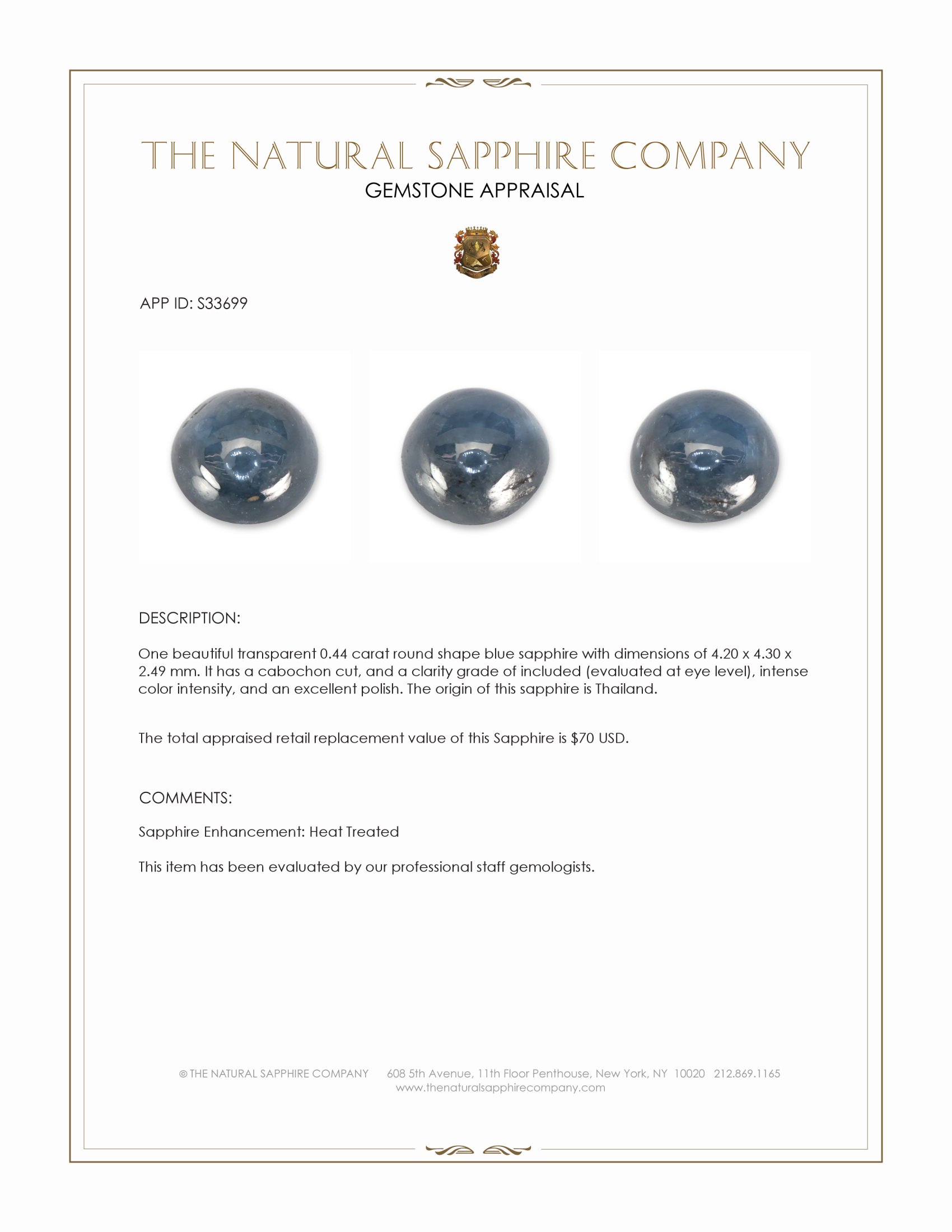 0.44 Ct. Blue Cabochon Sapphire from Thailand