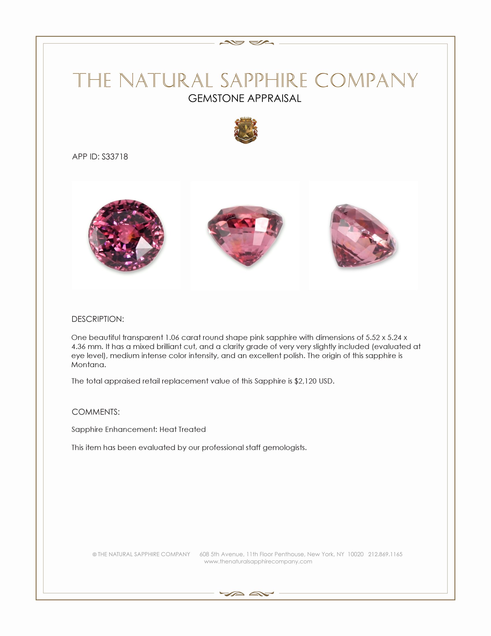 1.06 Ct. Purplish Pink Sapphire from Montana