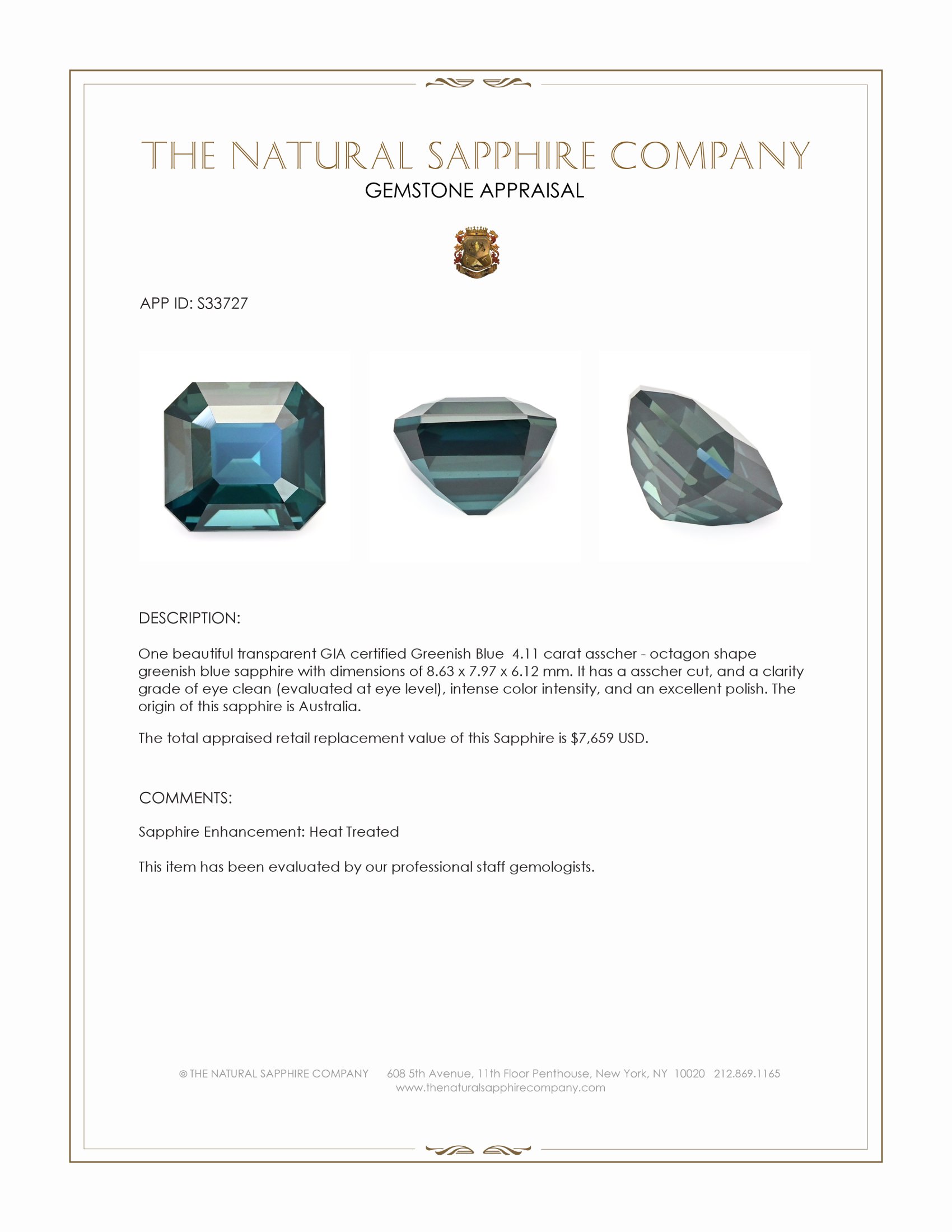 4.11 Ct. Greenish Blue Sapphire from Australia