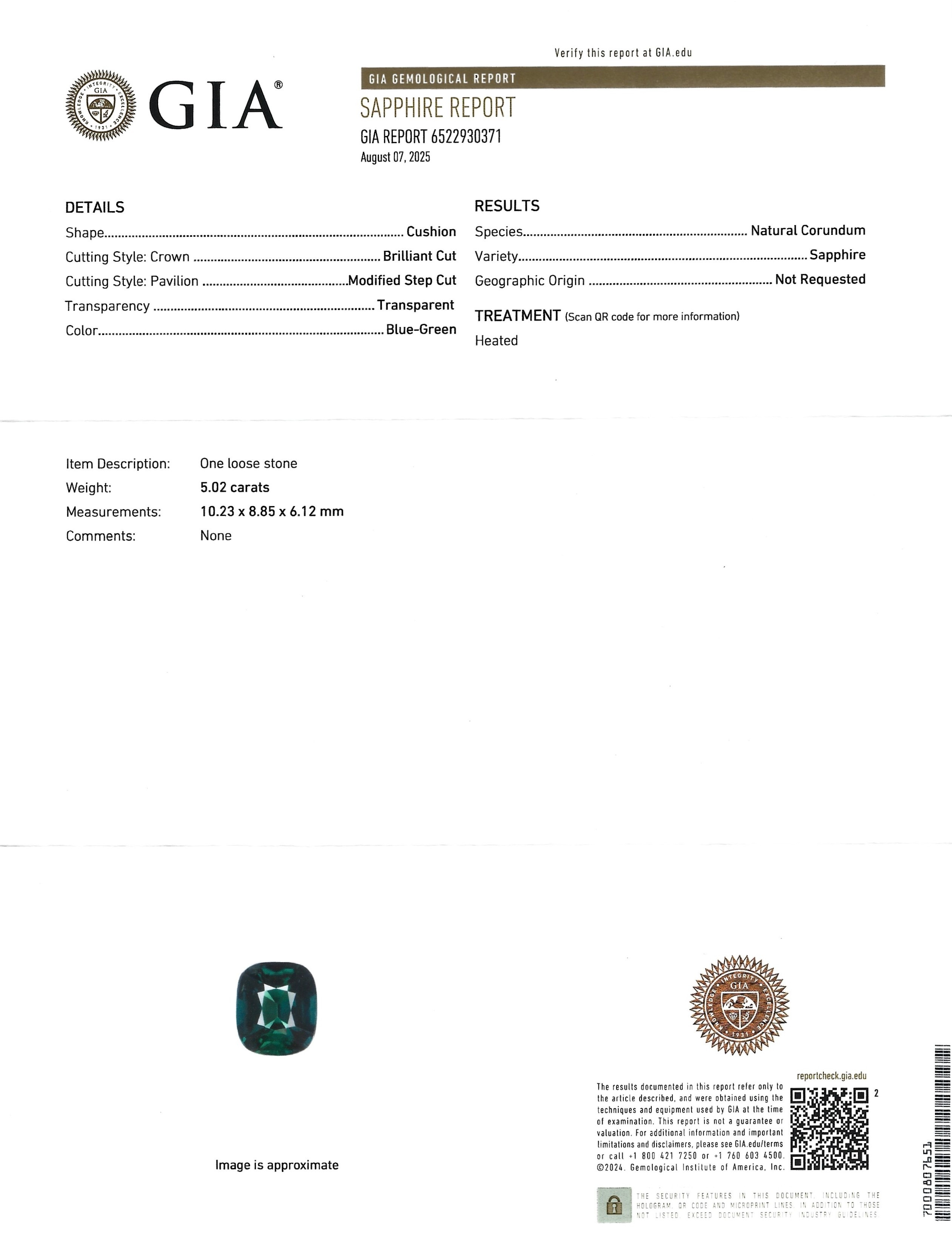 5.02 Ct. Bluish Green Sapphire from Madagascar
