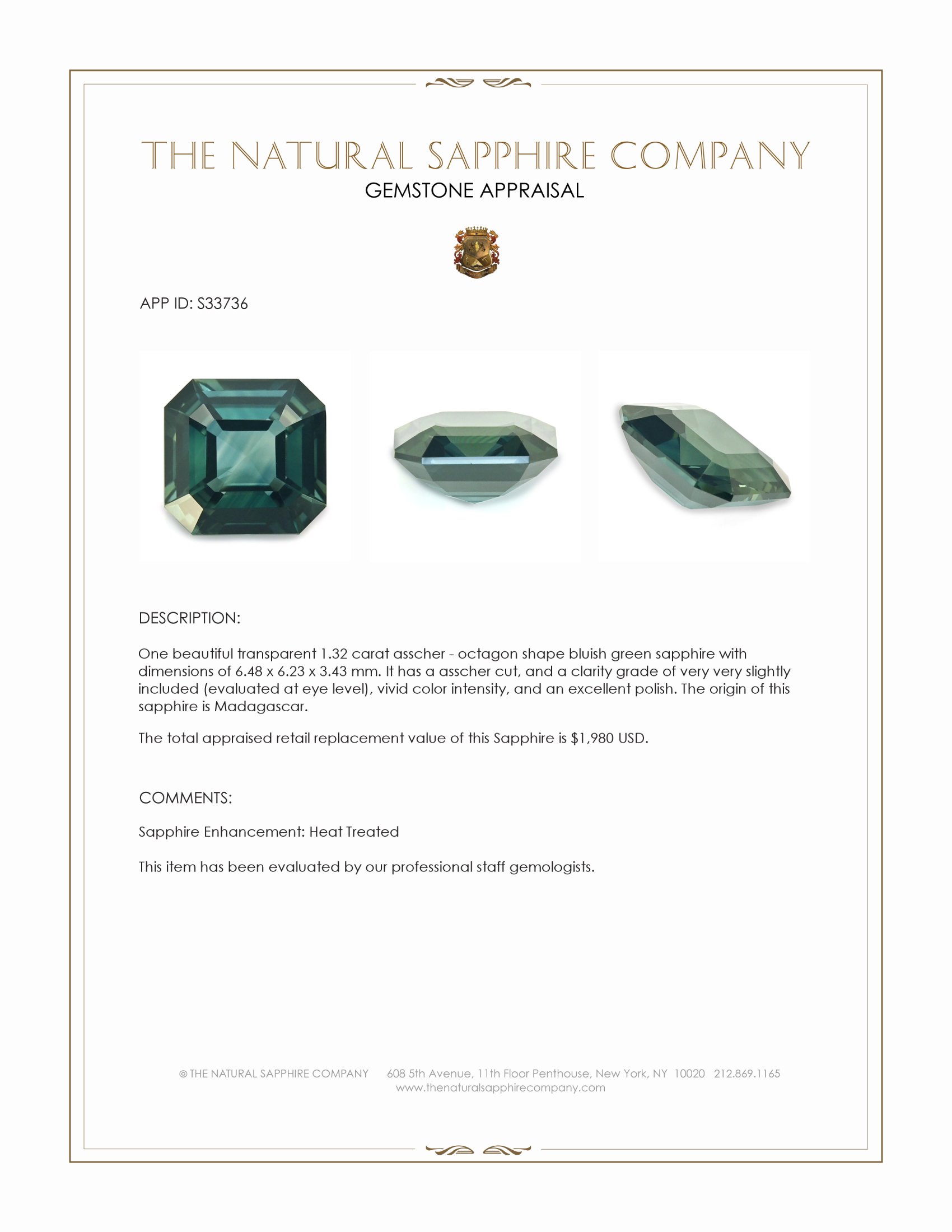 1.32 Ct. Bluish Green Sapphire from Madagascar