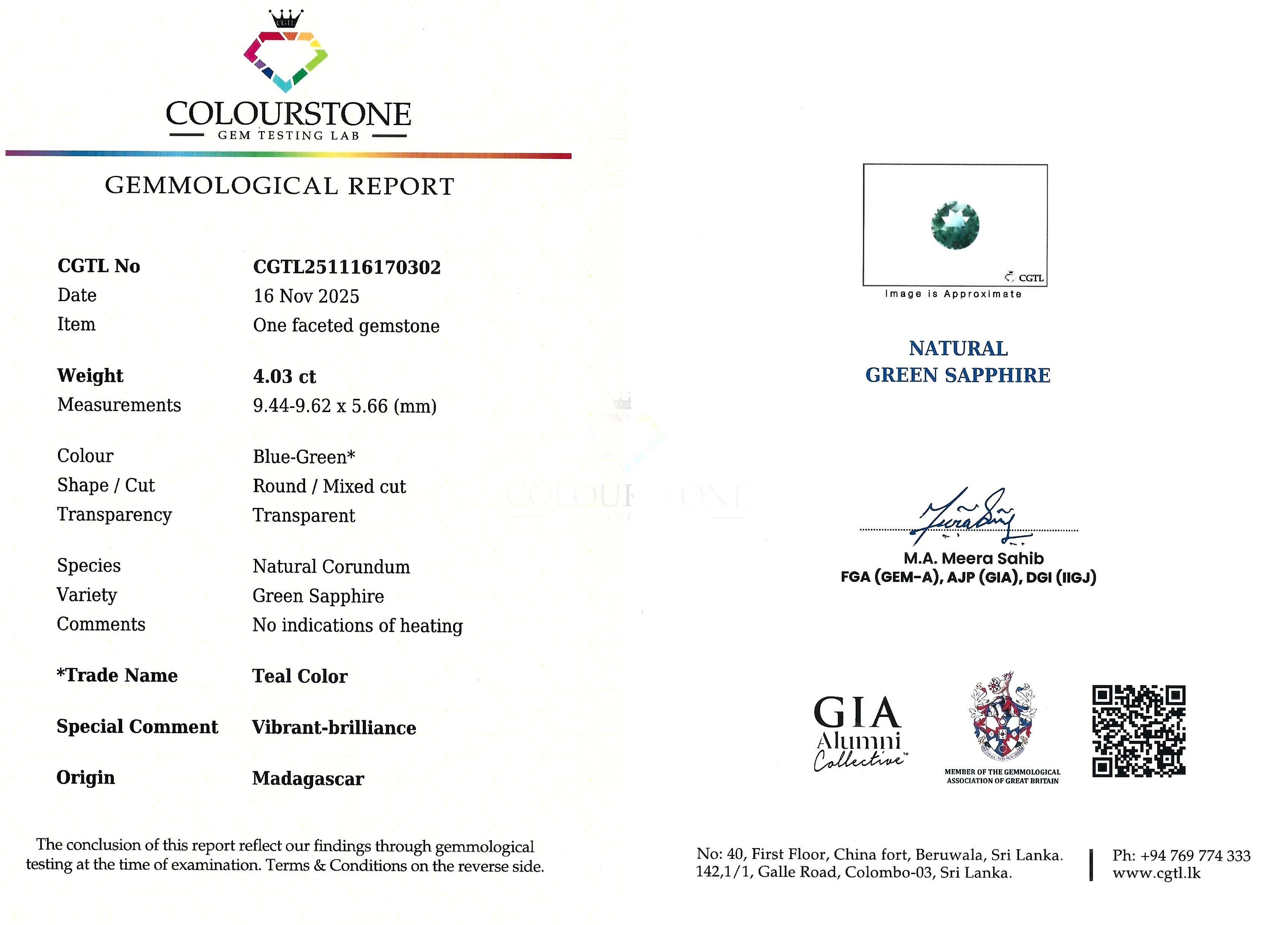 4.03 Ct. Bluish Green Sapphire from Madagascar