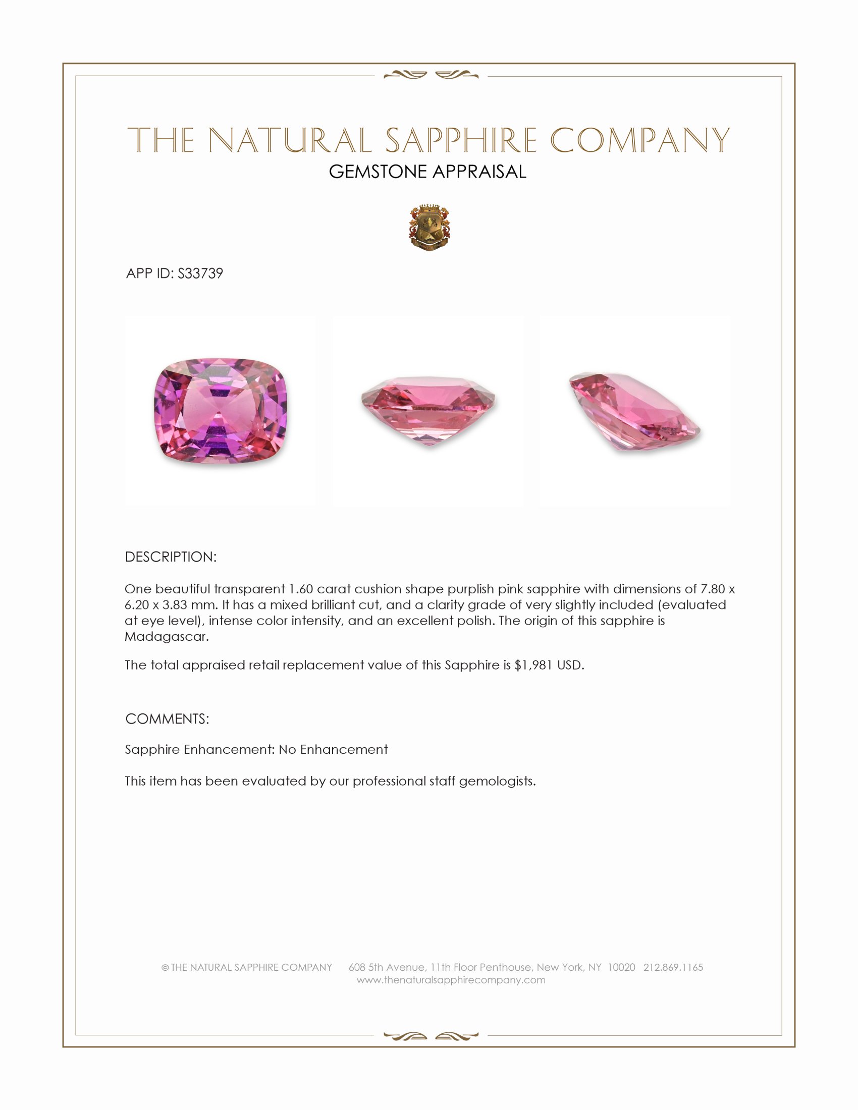 1.60 Ct. Purplish Pink Sapphire from Madagascar