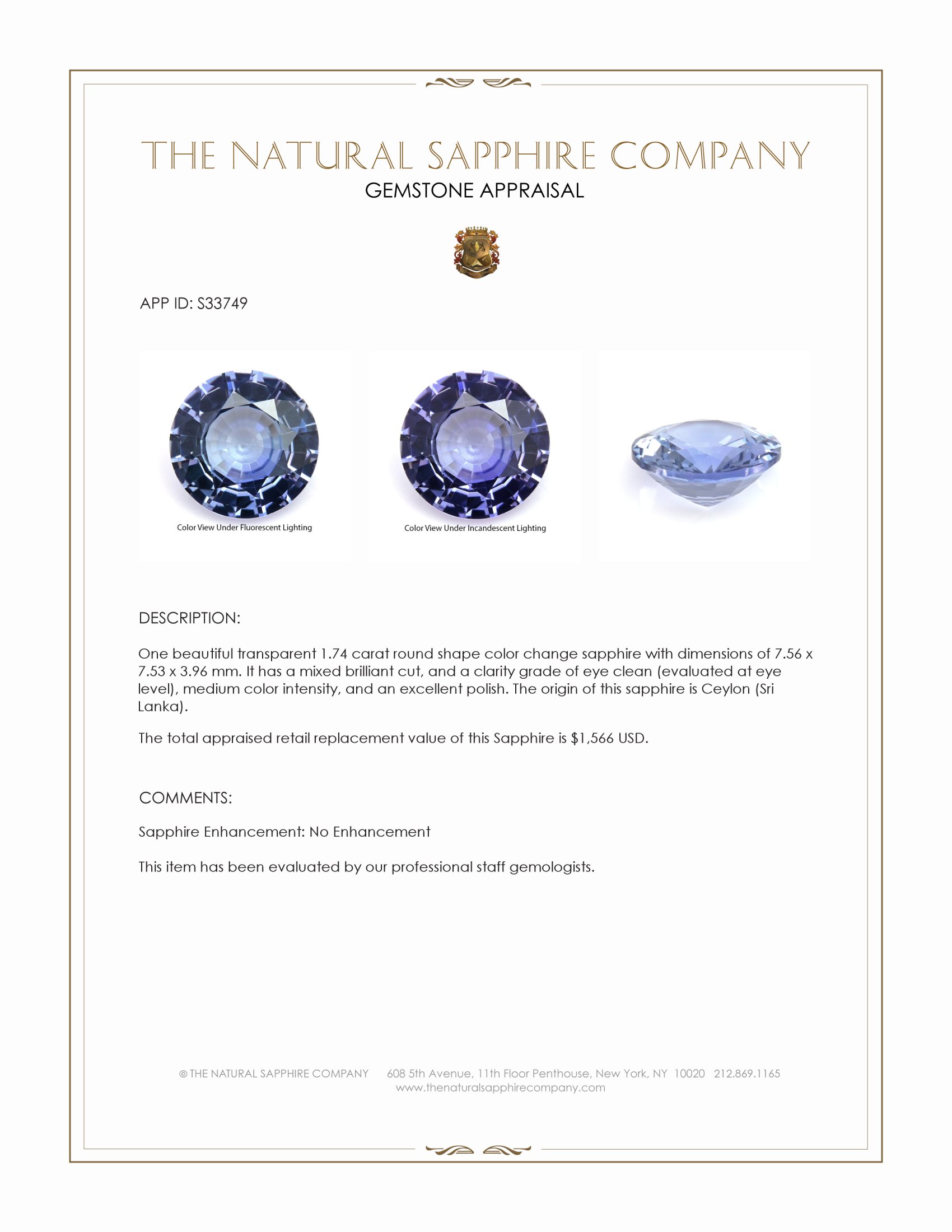 1.74 Ct. Color Change Sapphire from Ceylon (Sri Lanka)