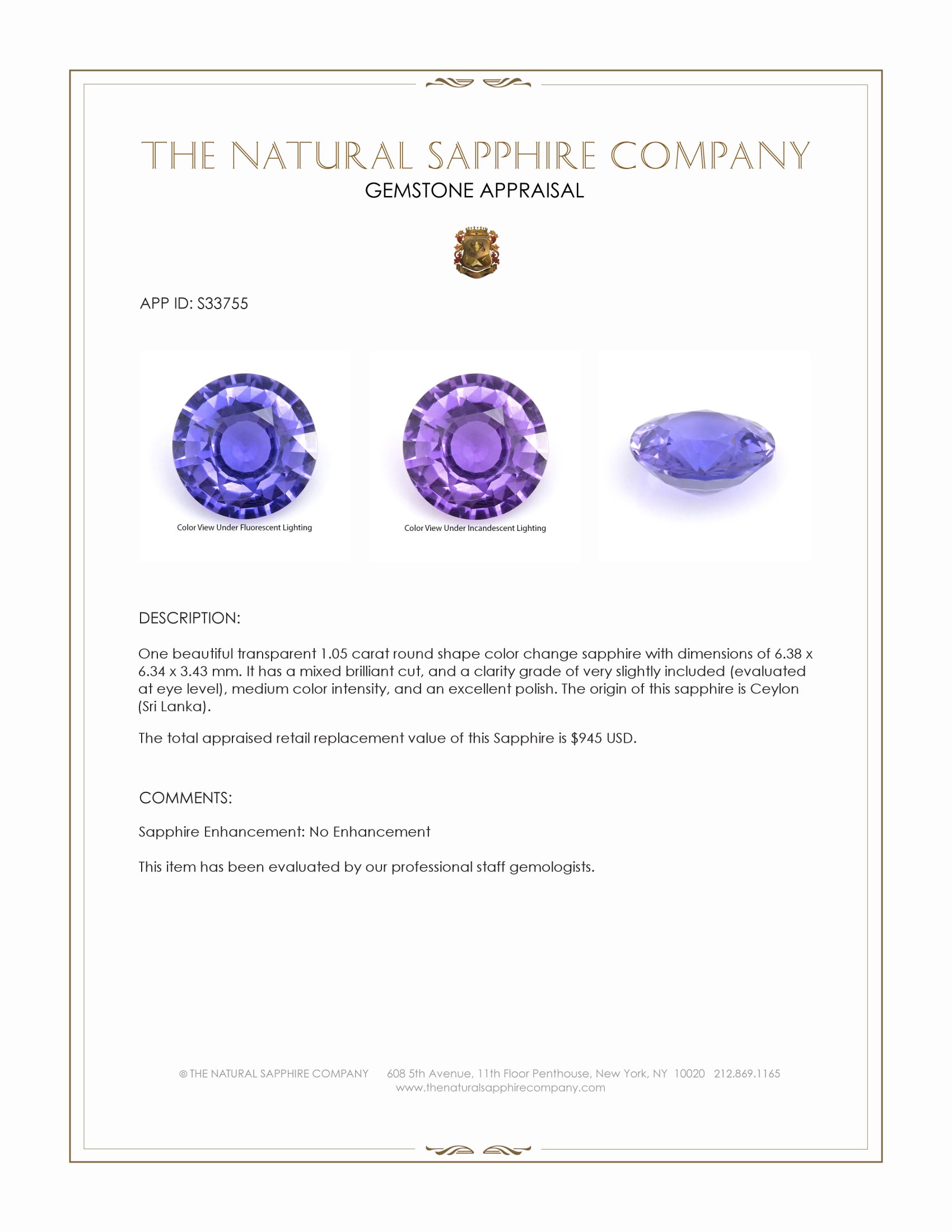 1.05 Ct. Color Change Sapphire from Ceylon (Sri Lanka)