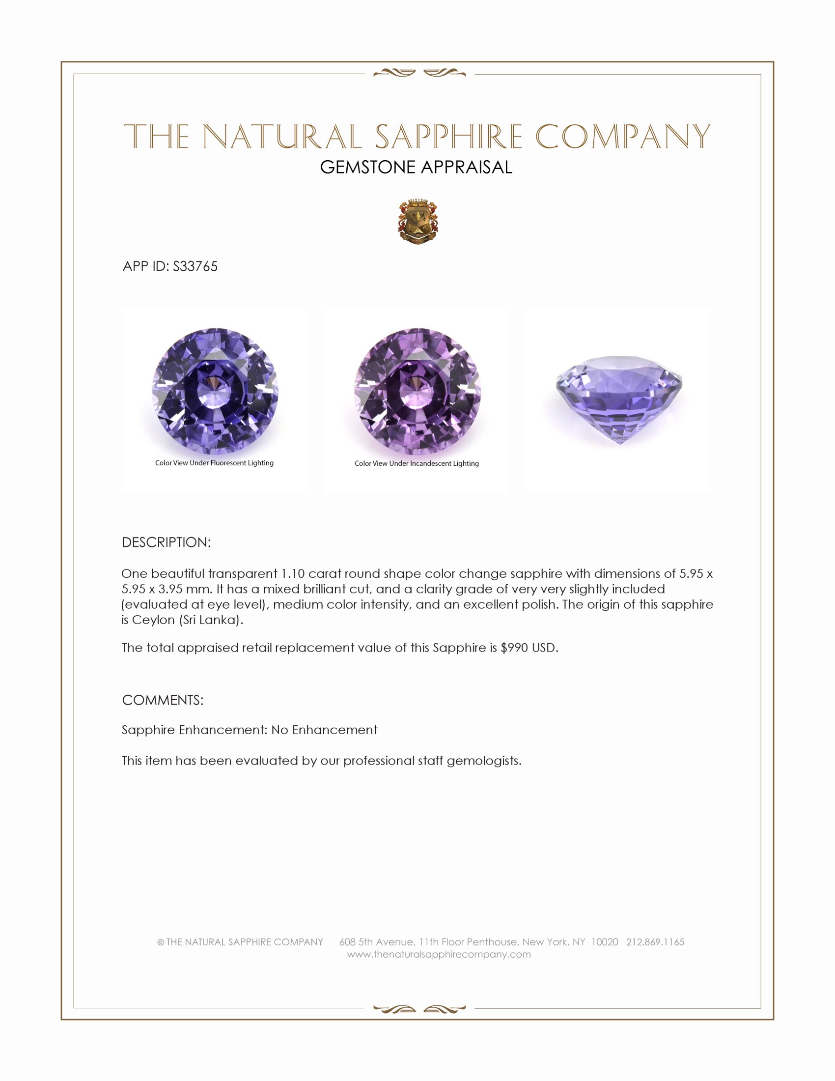 1.10 Ct. Color Change Sapphire from Ceylon (Sri Lanka)