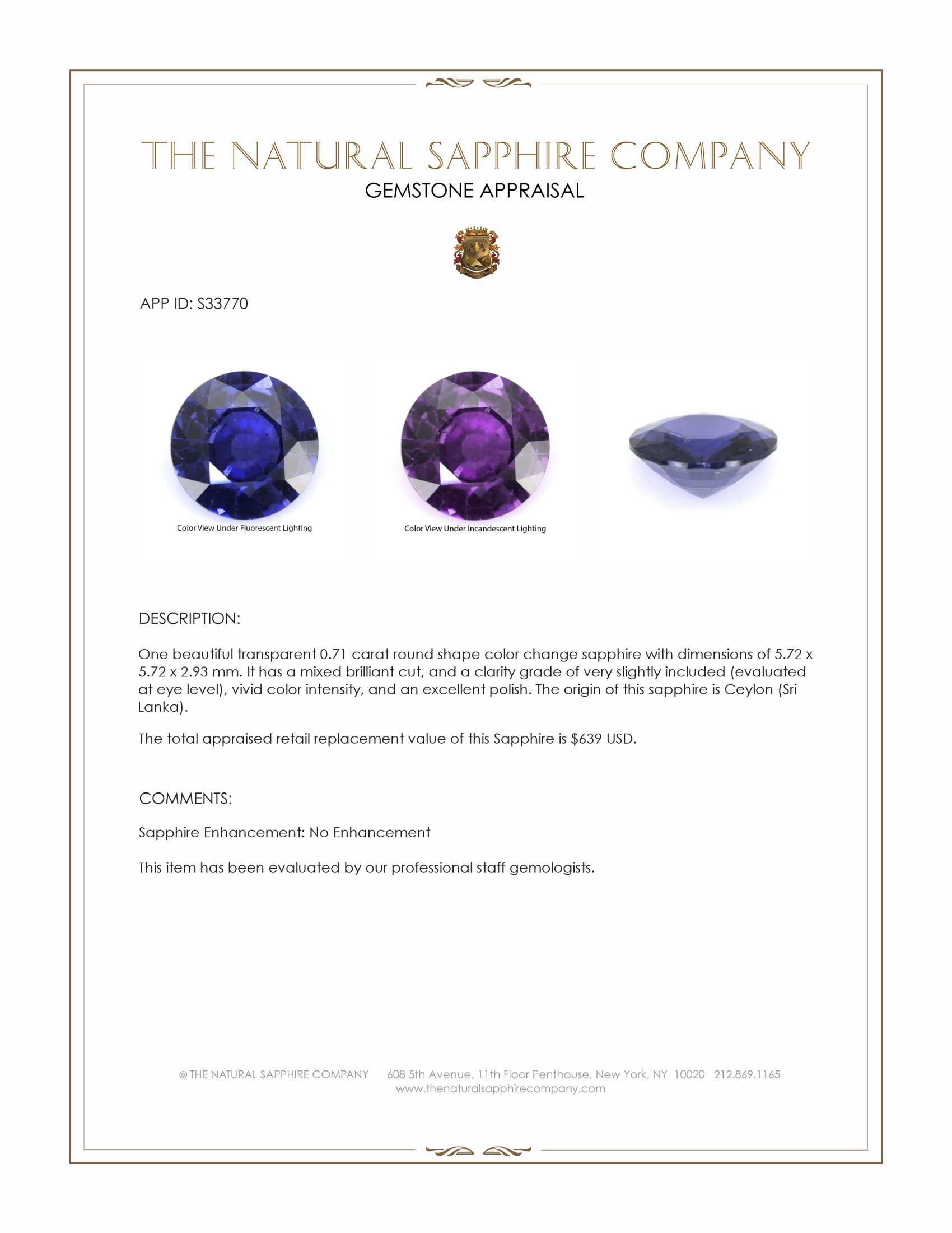 0.71 Ct. Color Change Sapphire from Ceylon (Sri Lanka)