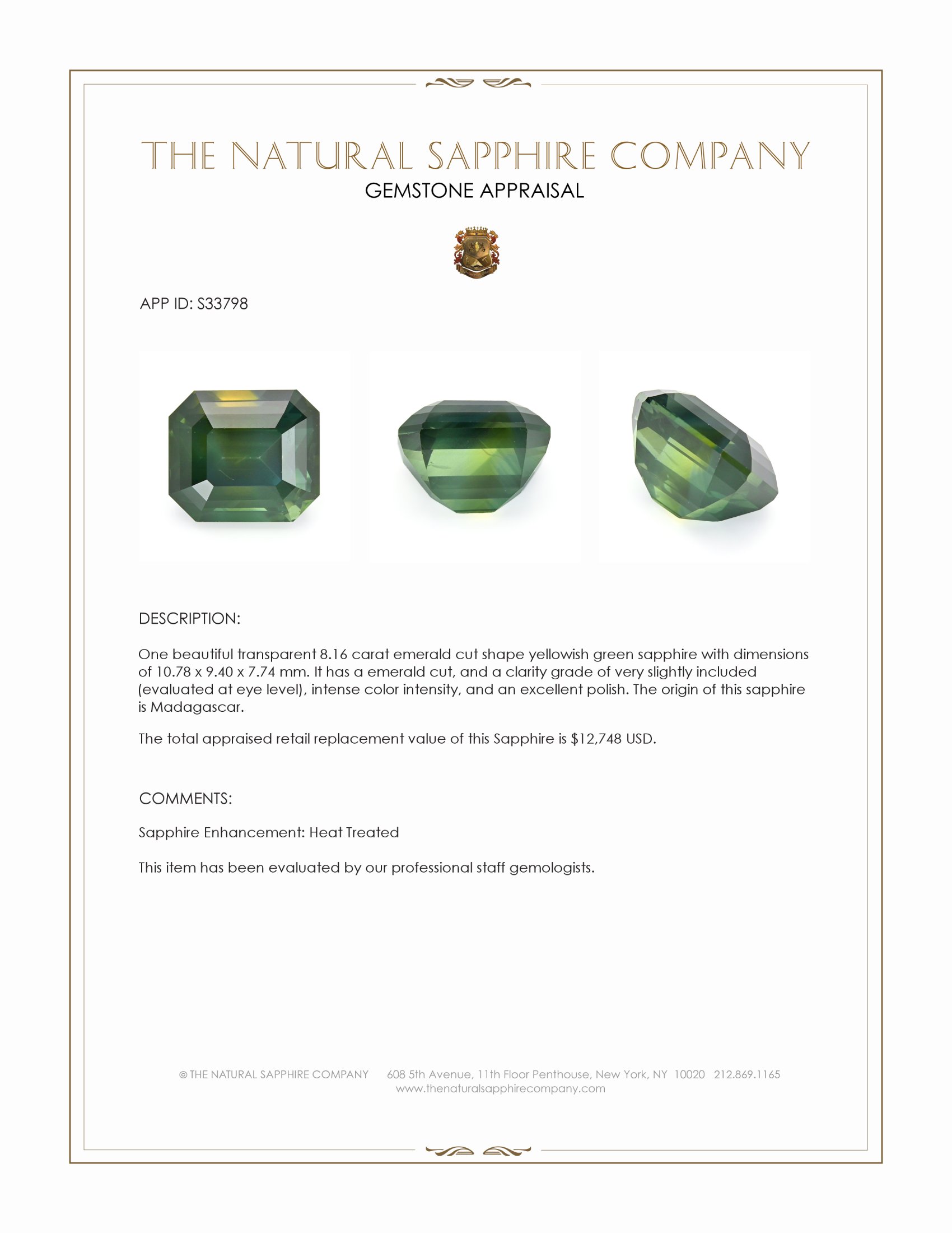 8.16 Ct. Yellowish Green Sapphire from Madagascar