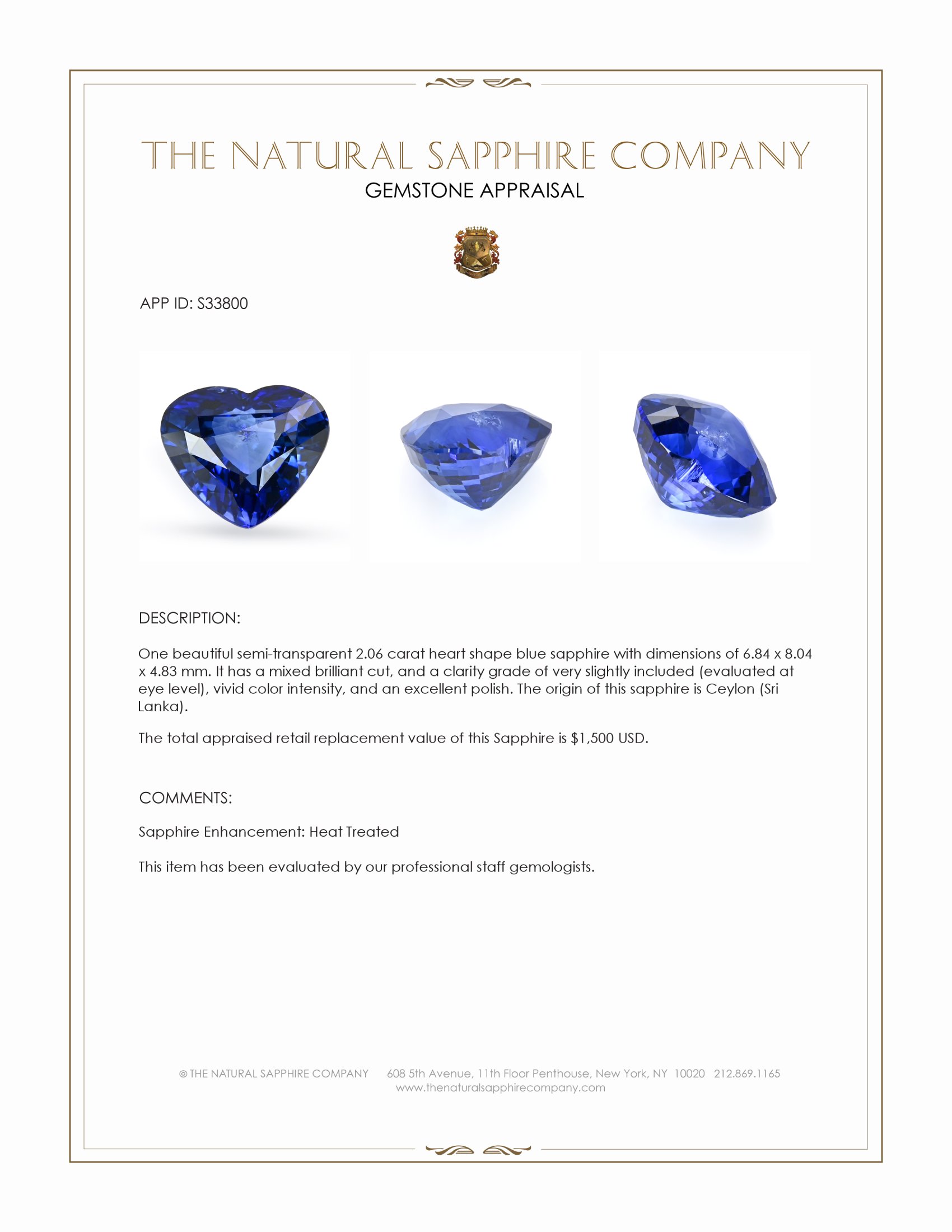 2.06 Ct. Blue Sapphire from Ceylon (Sri Lanka)
