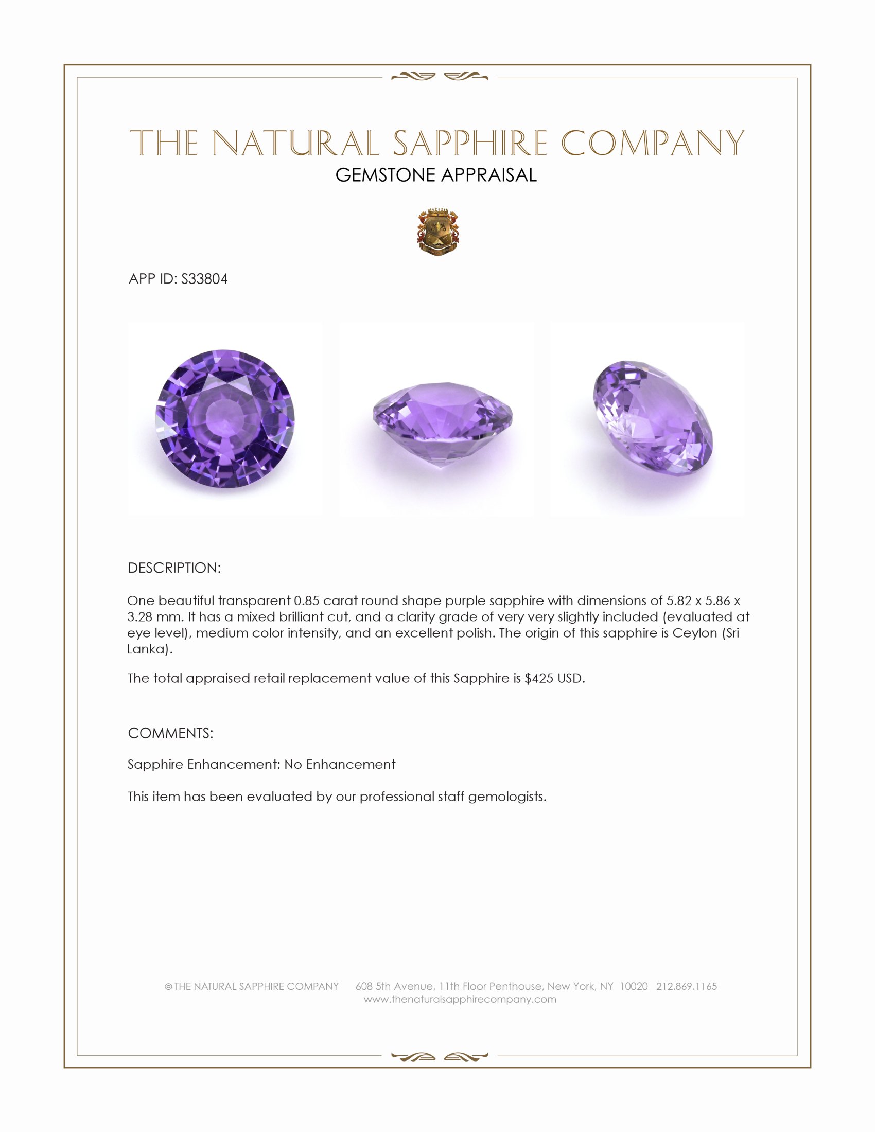 0.85 Ct. Purple Sapphire from Ceylon (Sri Lanka)