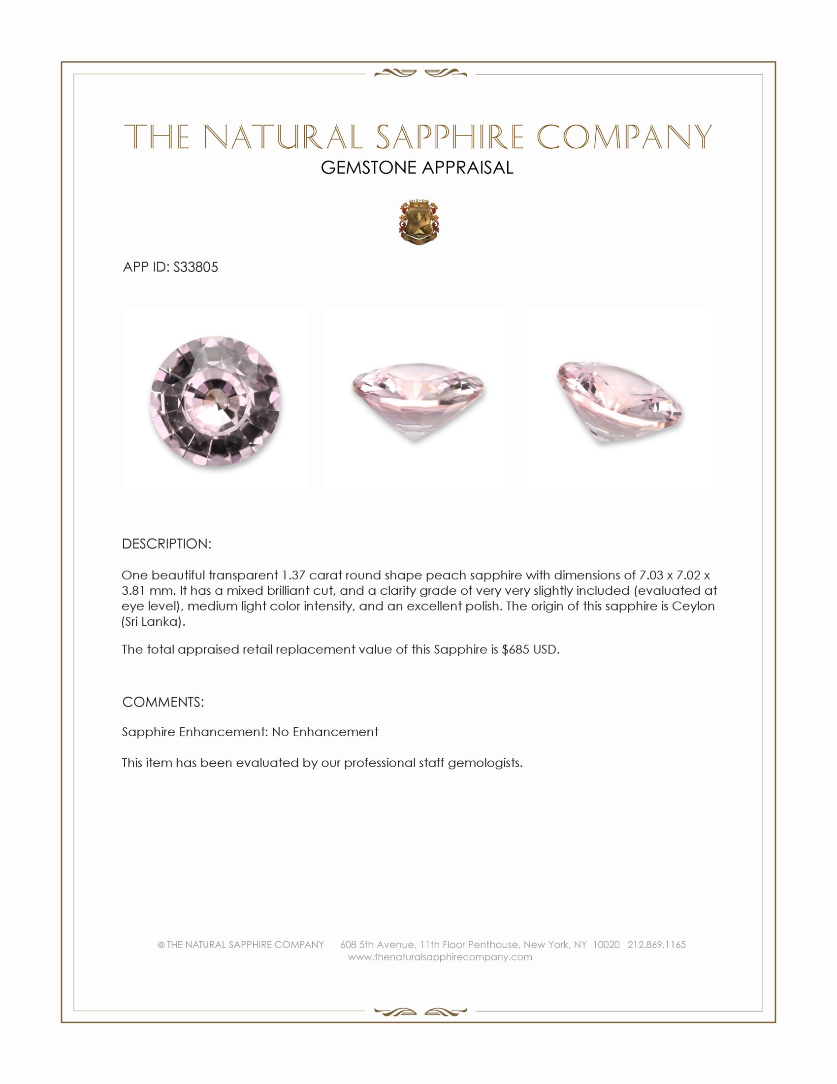 1.37 Ct. Peach Sapphire from Ceylon (Sri Lanka)