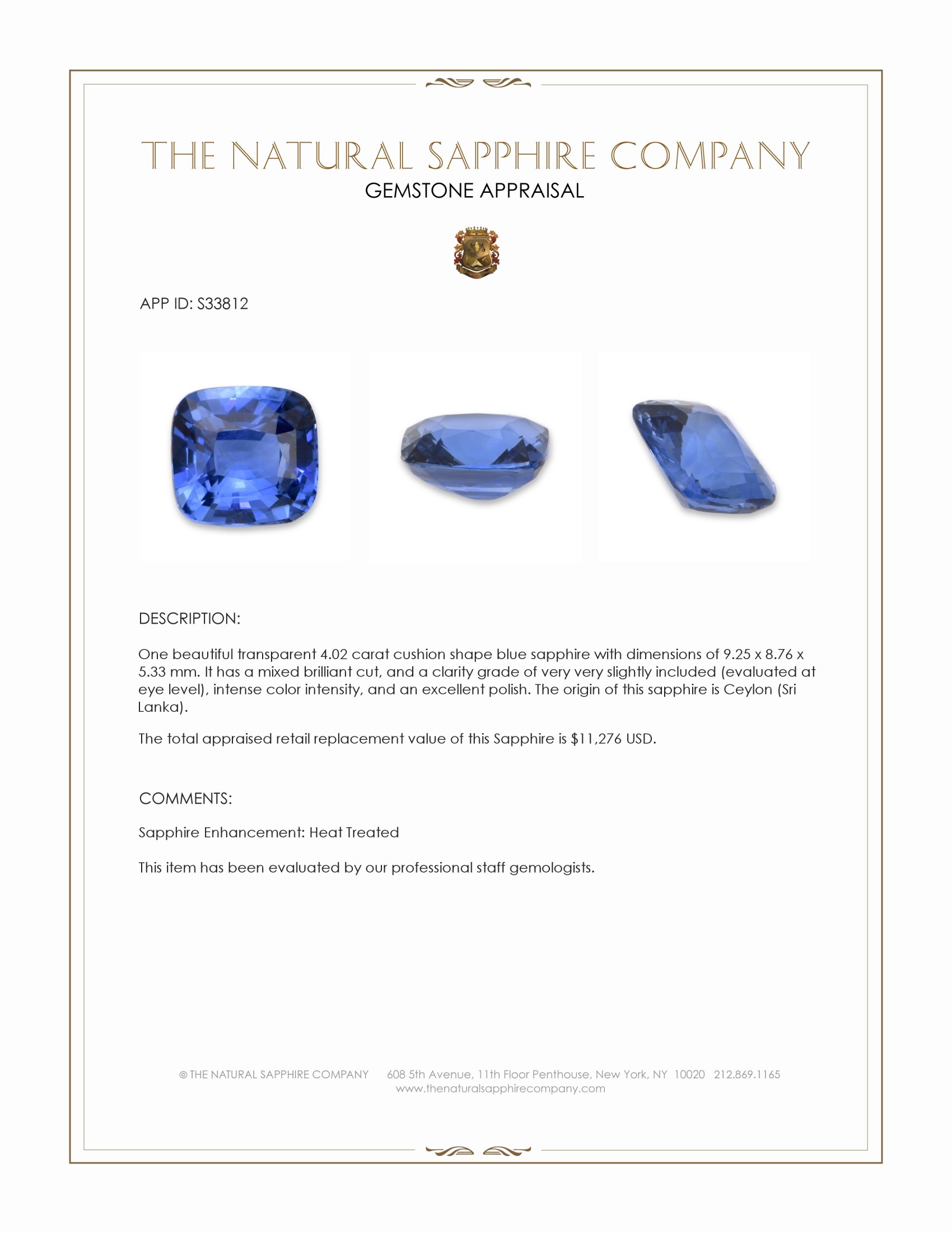 4.02 Ct. Blue Sapphire from Ceylon (Sri Lanka)