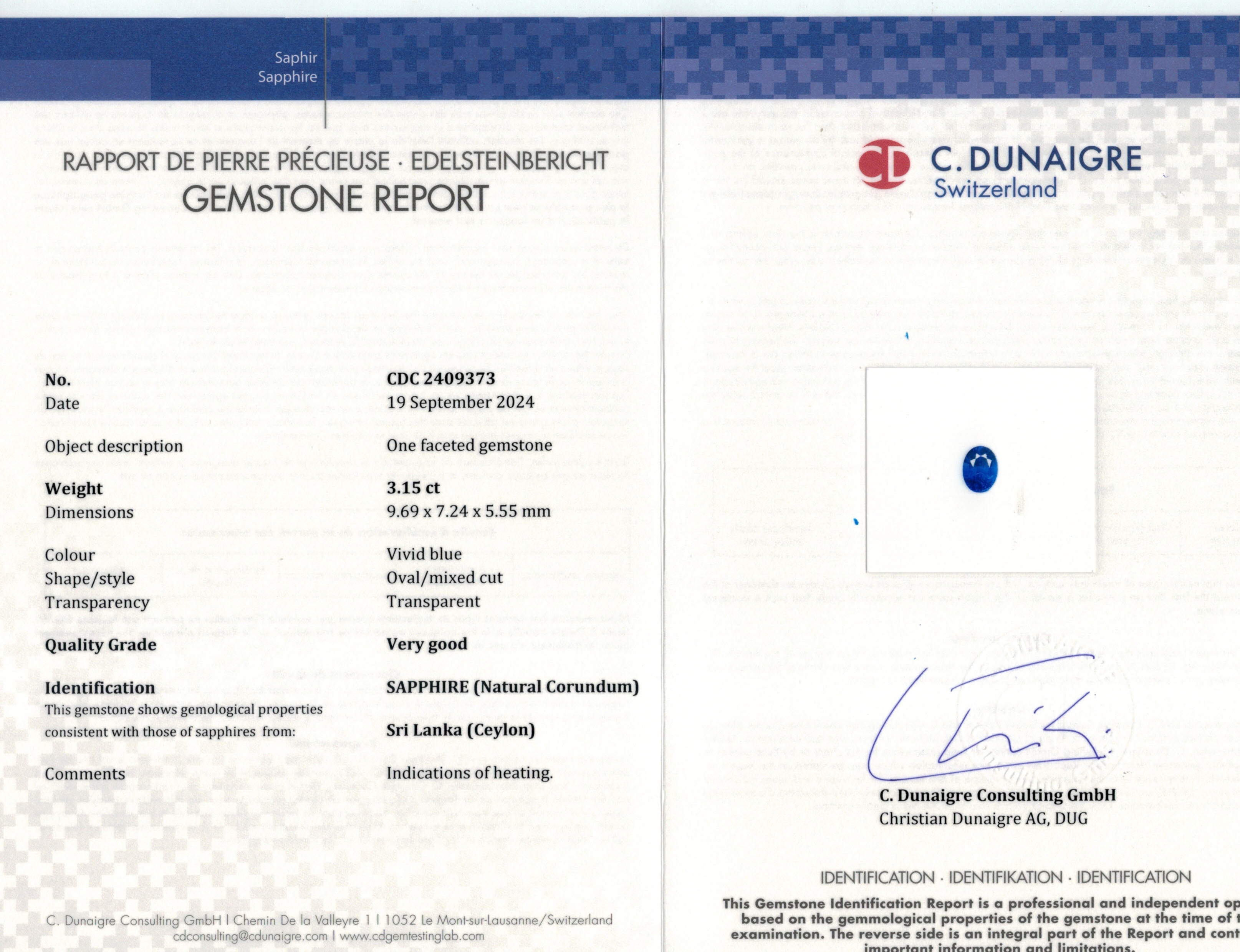 3.15 Ct. Blue Sapphire from Ceylon (Sri Lanka)