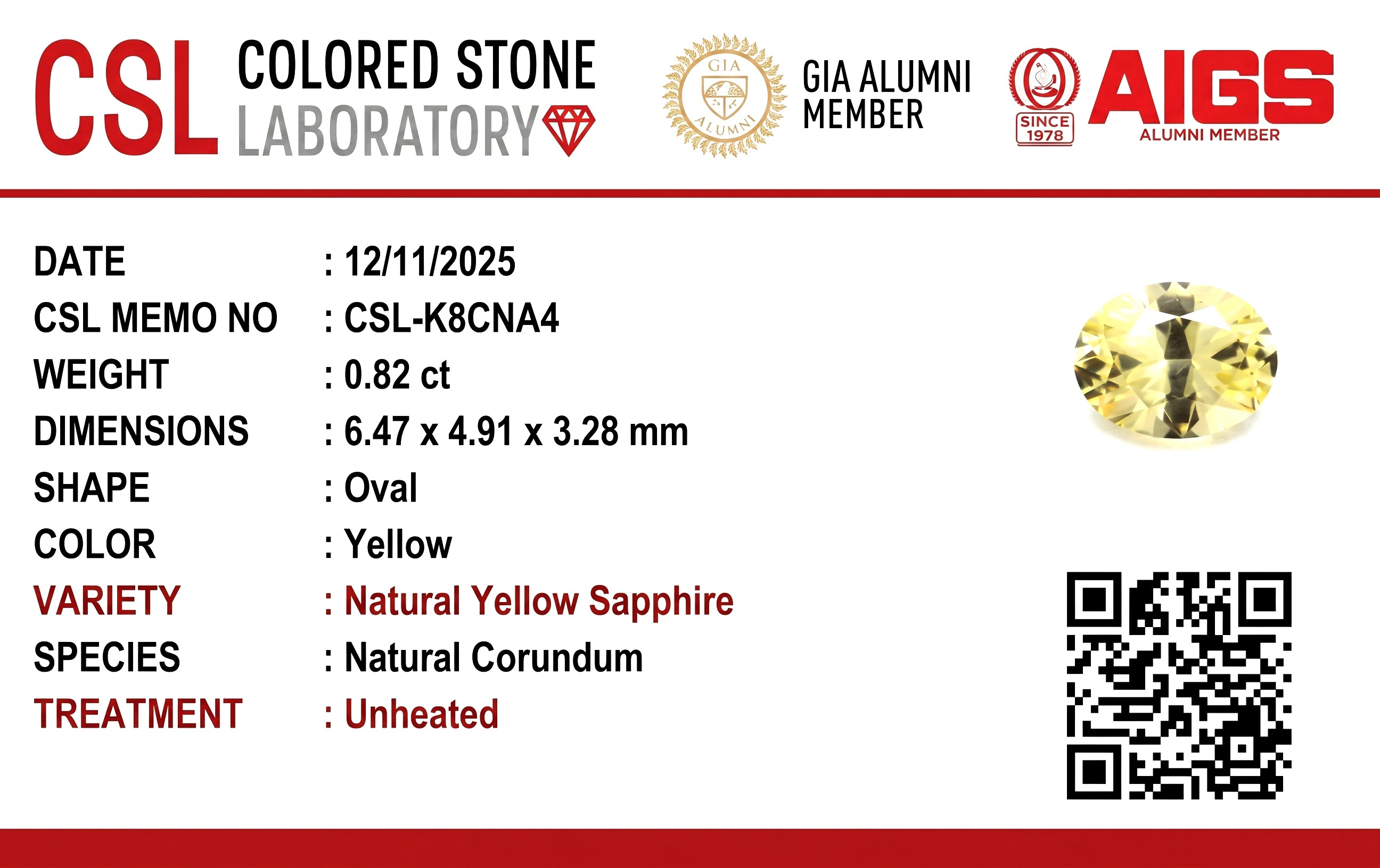 0.82 Ct. Yellow Sapphire from Ceylon (Sri Lanka)