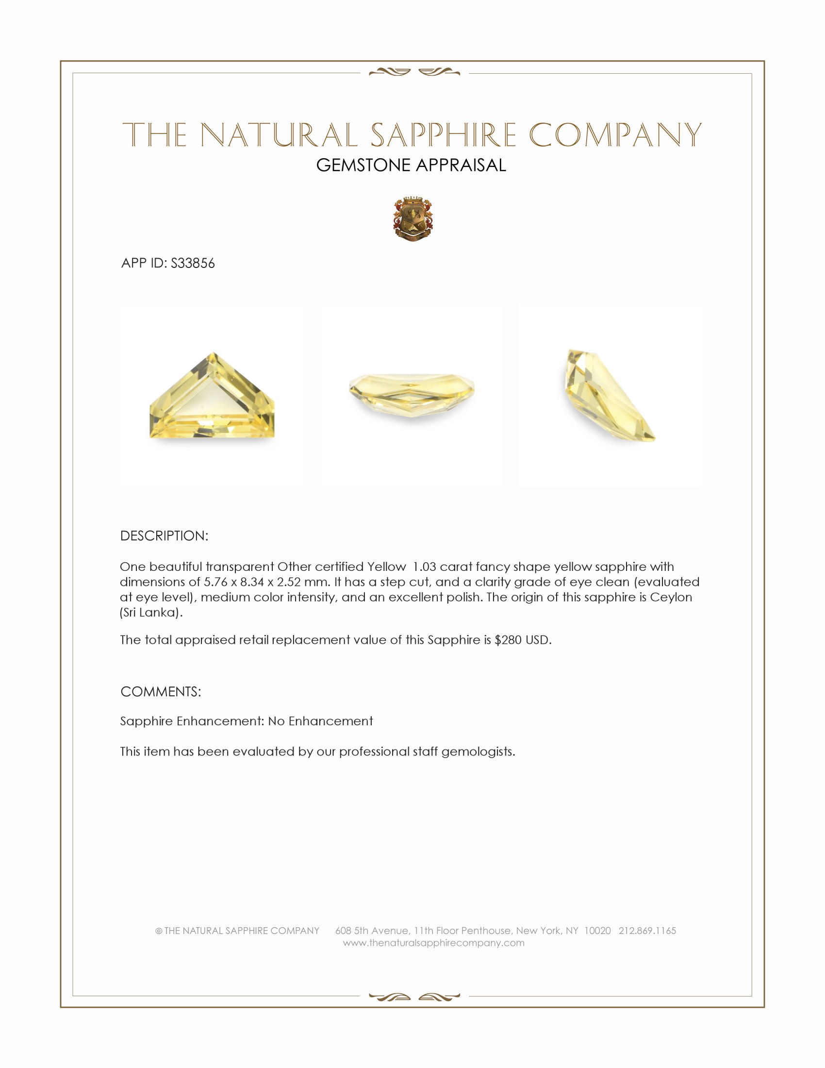 1.03 Ct. Yellow Sapphire from Ceylon (Sri Lanka)