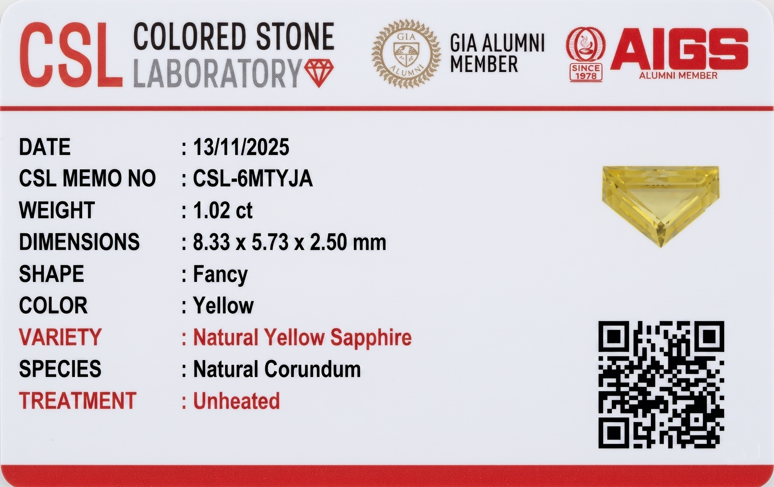 1.03 Ct. Yellow Sapphire from Ceylon (Sri Lanka)