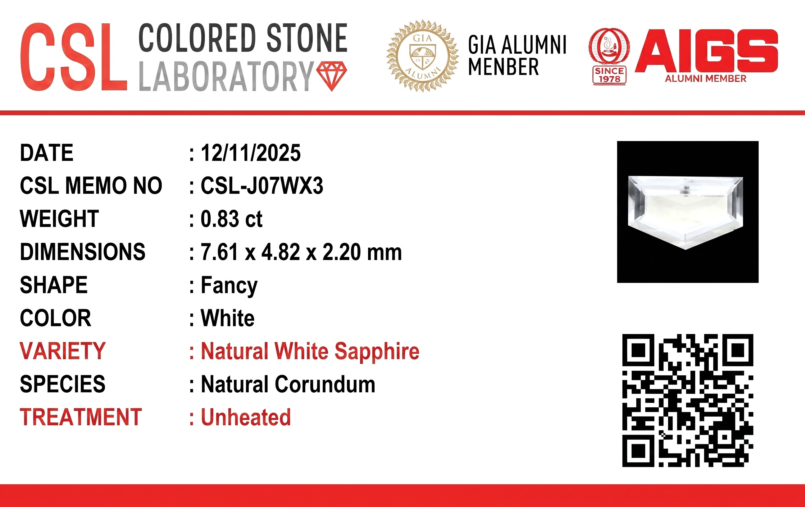 0.82 Ct. White Sapphire from Ceylon (Sri Lanka)